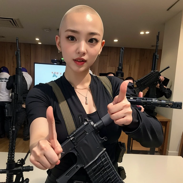 Beautiful nun、Wear Wimple:1.4、lingerie:1.35、Cowboy Shot、Big Breasts、(Skinhead:1.6)、(Pointing a Groza assault rifle at the viewer:1.67)
