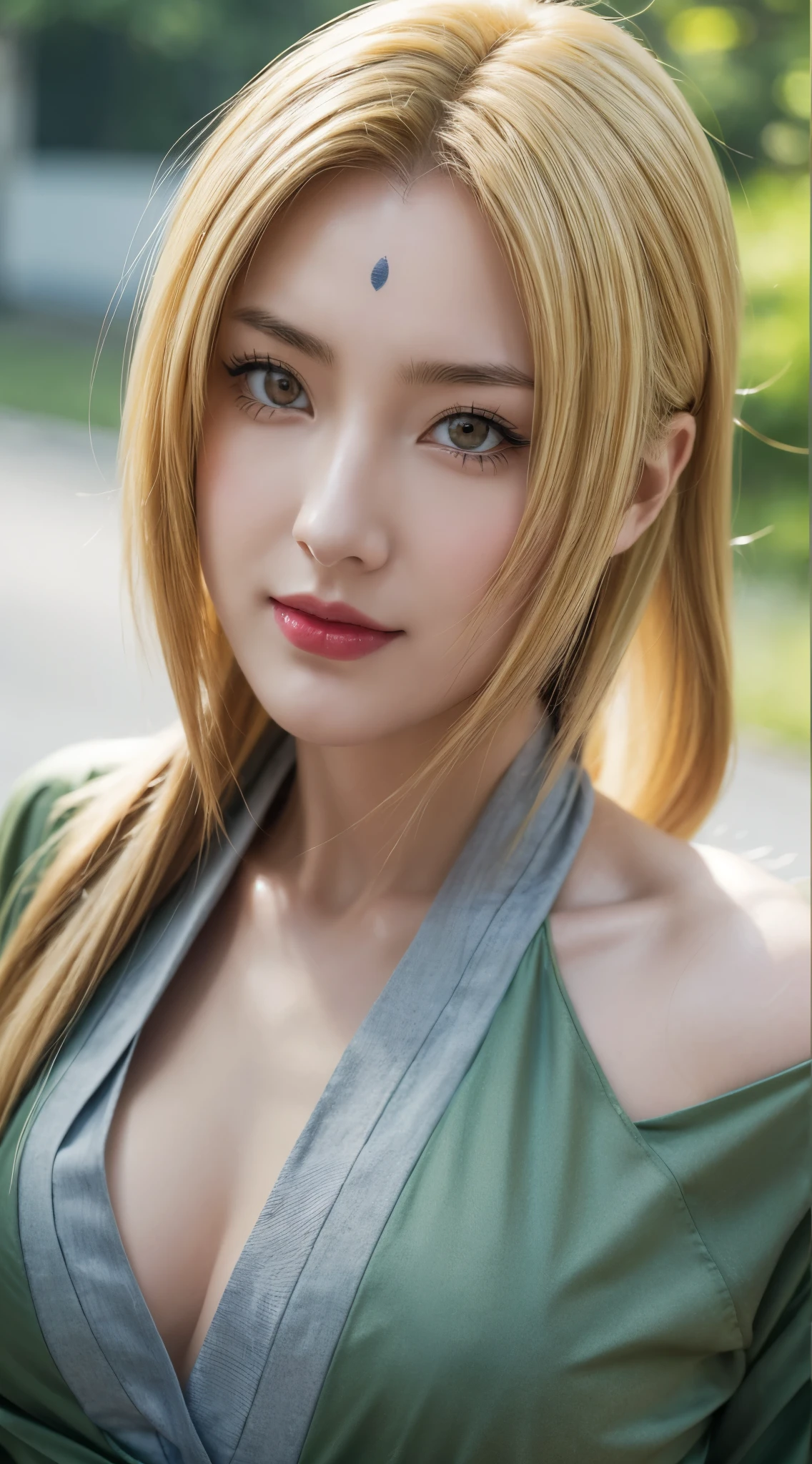 (female,anime,Anime Shippuden,tsunade:1.1),(long hair,yellow hair),(yellow eyes,beautiful detailed eyes,realistic eyes:1.1),(smile,beautiful detailed smile:1.1),(green clothes,realistic clothes),(city background,urban scenery),(ultra detail,extremely detailed:1.2),(realistic,photorealistic:1.37),(red lips,vivid red lips)Best Quality, Masterpiece, Ultra High Resolution, (Realistic: 1.4), Tsunade in the anime naruto ,Original Photo, Side Light, Delicate Beautiful Eyes: 1.2, Masterpiece* Portrait, Realism, 1 Girl, Highly Detailed, perfect, realistic photo, realistic anime, realistic style, perfect character, realistic girl, super premium quality, HD photos, anime and realistic, characteristics of long hair, long parted bangs due to model M, has a small black mark on the forehead, beautiful elegant face, big breasts, wearing a Japanese kimano, quality detail, realism
