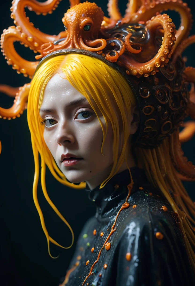 8K, ARTISTIC photogrAphy, best quAlity, mAsterpiece: 1.2), A (potrAit:1.2) witch BLOOD Toon Doll Cthulhu nun QUEEN, ORANGE many octopus style tentacles, full body RAW candid cinema, yellow hair, 16mm, color graded portra 400 film, remarkable color, ultra realistic, sad admosphere, dark lighting, oppressive atmosphere, depressive colors, kodak portra 400, photograph,r, Natural Light, Pinhead lighgts, blur reflection, Brush Strokes, Smooth, abstract, Splatter, Oil On Canvas, rainbow colors, fractal isometrics details bioluminescens : a stunning realistic photograph of wet bone structure, 3d render, octane render, intricately detailed, titanium decorative headdress, cinematic, trending on artstation | Isometric | Centered