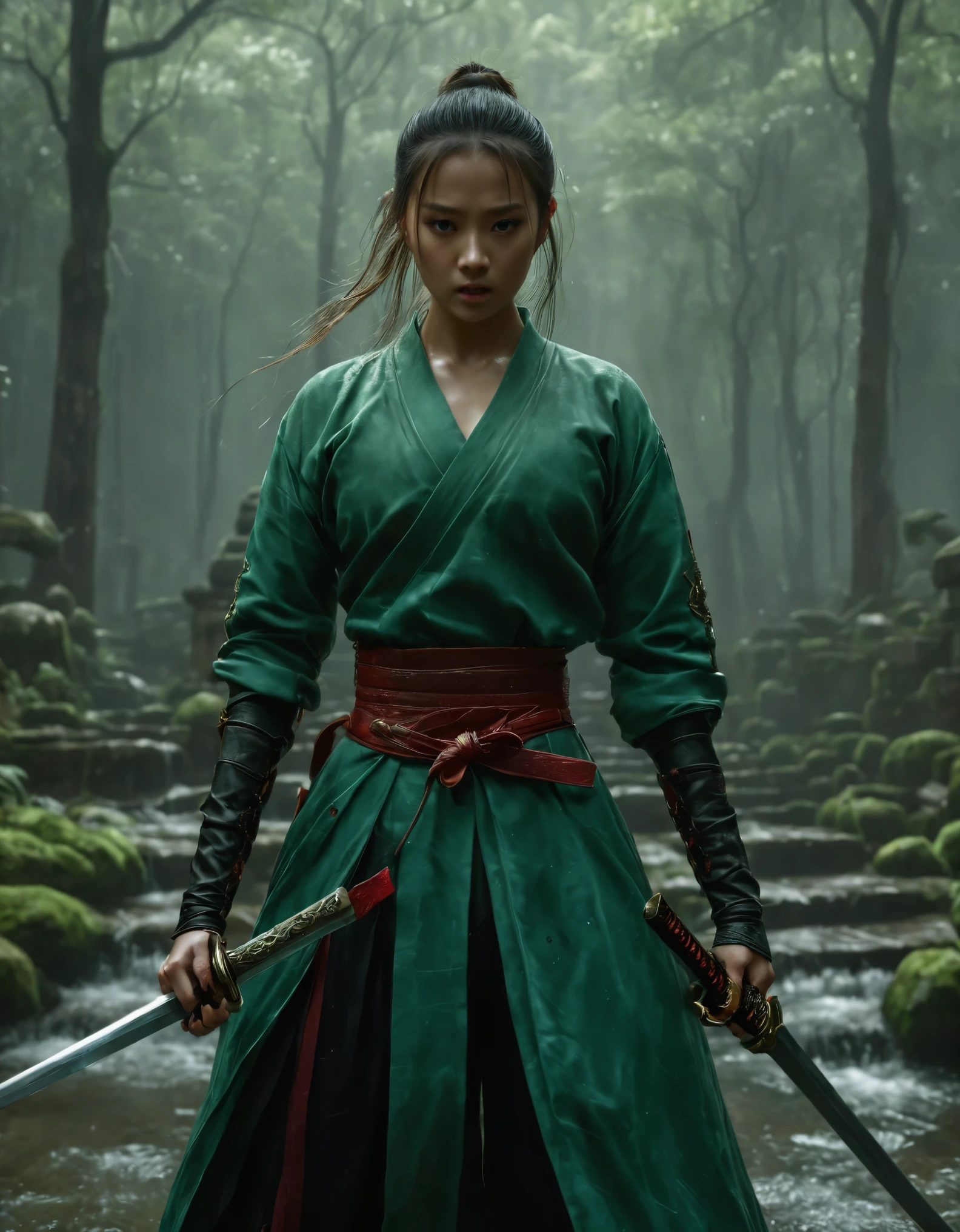 1girl,Xill, solo,female swordman,front view, fullbody, ((Best quality)), ((Masterpiece)), ((Realistic)),UHD,rich background, film shooting, depth of field, Super visual, touch of supernatural horror, insanely terrifying masterpiece,jade