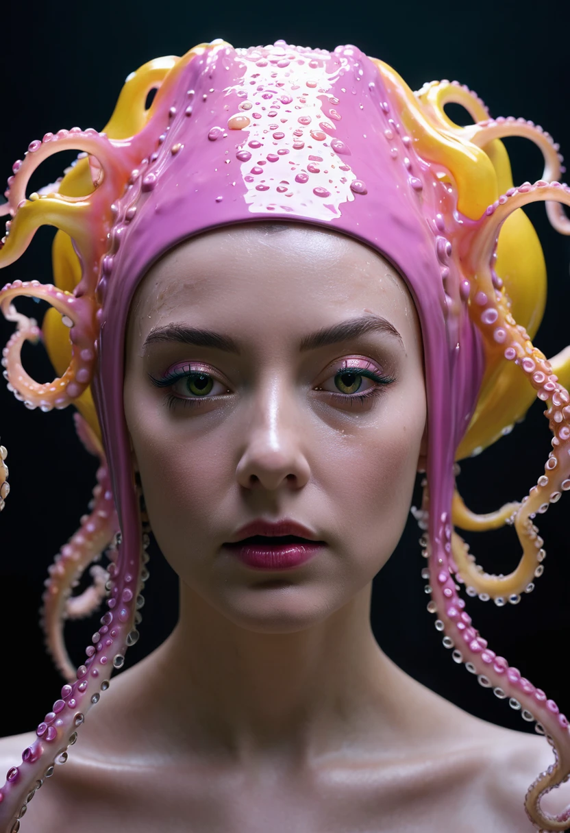 8K, ARTISTIC photogrAphy, best quAlity, mAsterpiece: 1.2), A (potrAit:1.2) witch BLOOD Toon Doll Cthulhu nun QUEEN, PINK many octopus style tentacles, full body RAW candid cinema, yellow hair, 16mm, color graded portra 400 film, remarkable color, ultra realistic, sad admosphere, dark lighting, oppressive atmosphere, depressive colors, kodak portra 400, photograph,r, Natural Light, Pinhead lighgts, blur reflection, Brush Strokes, Smooth, abstract, Splatter, Oil On Canvas, rainbow colors, fractal isometrics details bioluminescens : a stunning realistic photograph of wet bone structure, 3d render, octane render, intricately detailed, titanium decorative headdress, cinematic, trending on artstation | Isometric | Centered