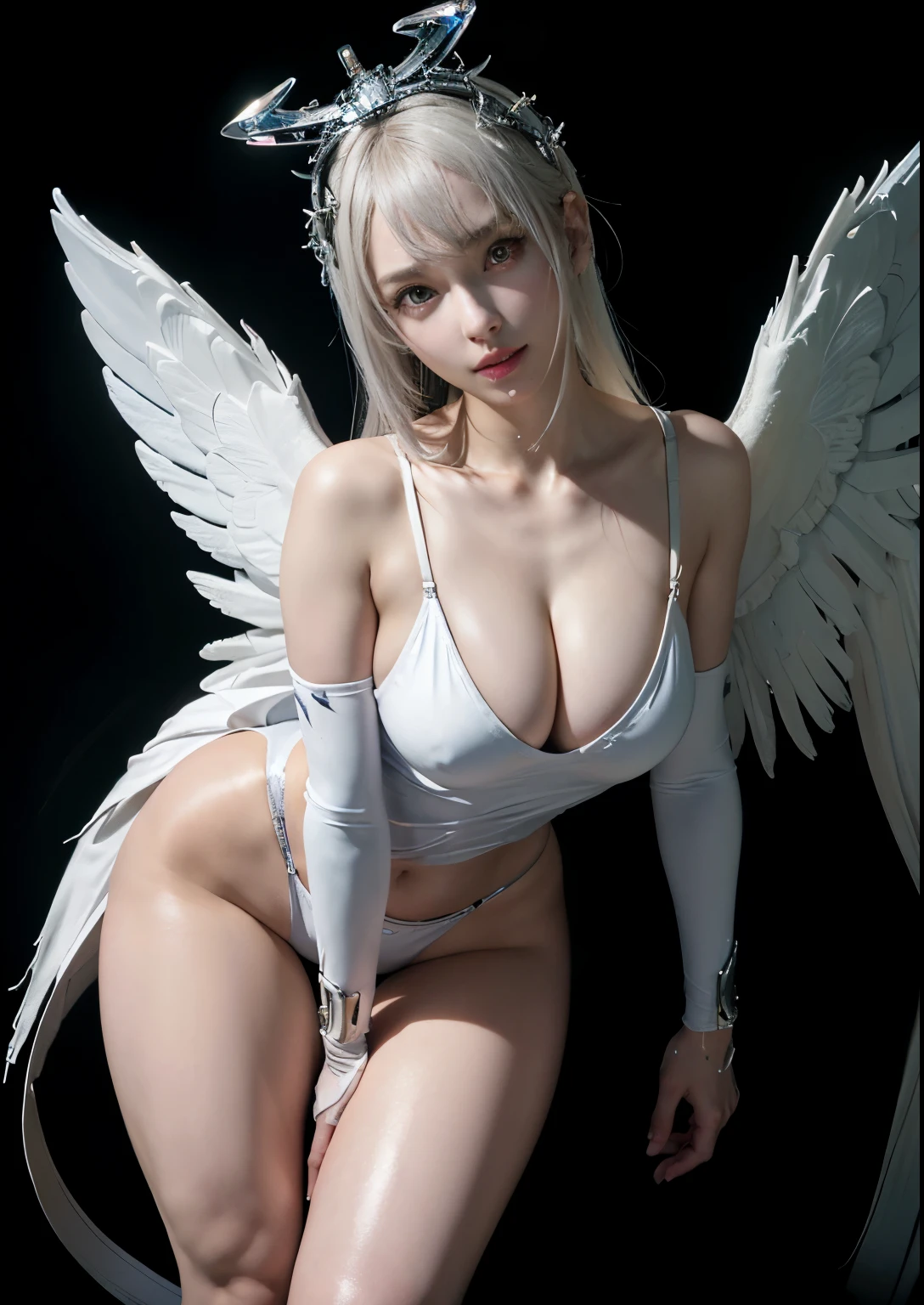 top-quality、​masterpiece、超A high resolution、(Photorealsitic:1.4)、Raw photo、Battle Cyborg Angel、large wings made of metal、White porcelain body、Acrylic Clear Cover、white  hair、glowy skin、1 Cyborg Girl、((super realistic details))、portlate、globalillumination、Shadow、octan render、8K、ultrasharp、character edge light,Colossal 、Raw skin is exposed in cleavage、Details of complex ornamentore about Greek、Hydraulic cylinder、Small LED lamp、highly intricate detail、Realistic light、a purple eye、radiant eyes、Facing the camera、neon details、cowboy  shot、Futuristic headgear、About Cyberpunk、、