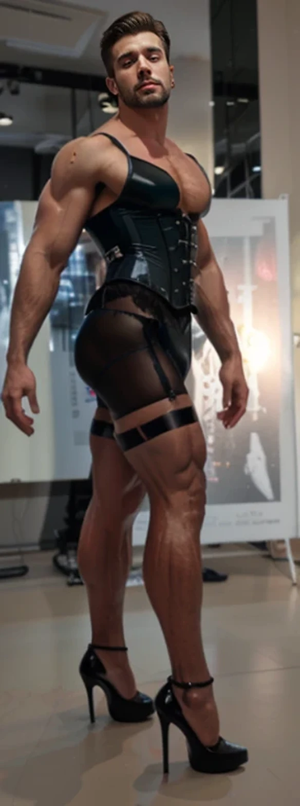 A Very Masculine, muscular hunk men, with short hair ,athlic body, wearing a padded bra, glossy nylon stocking, lingerie, corset, very high heels, makeup, red lipstick, fake eyelashes, earrings