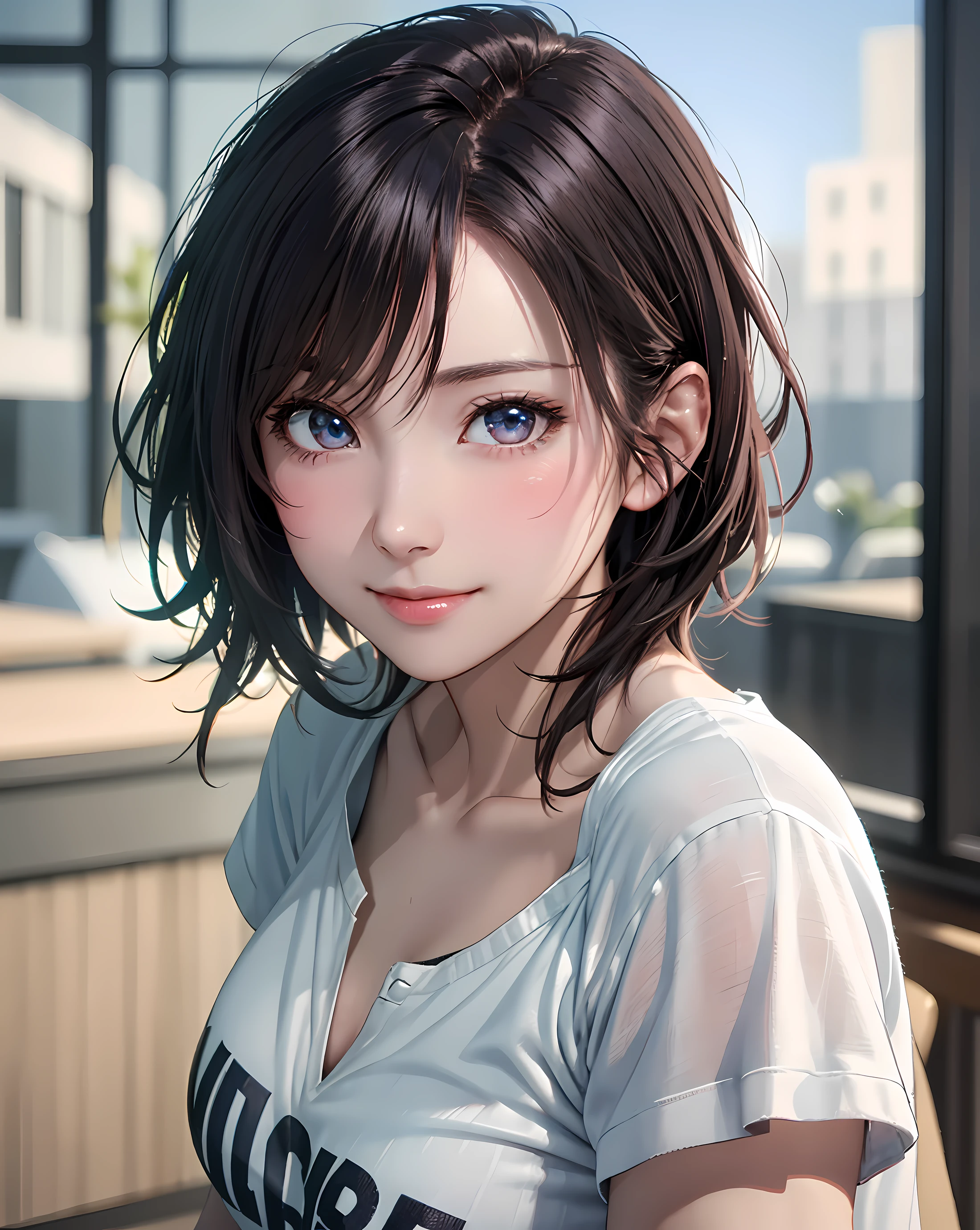 highest quality, Ultra-high resolution, (Realistic: 1.4), beautiful Eyes, Super beautiful, Very short hair, beautiful, lover, Rough chest T-shirt, beautiful Soldier, Eyes that beckon the viewer, loverの視点, Attractive expression, Sexy smile, Perfect Style, Perfect balance, Detailed skin, Mischievous Gaze, I can see your chest