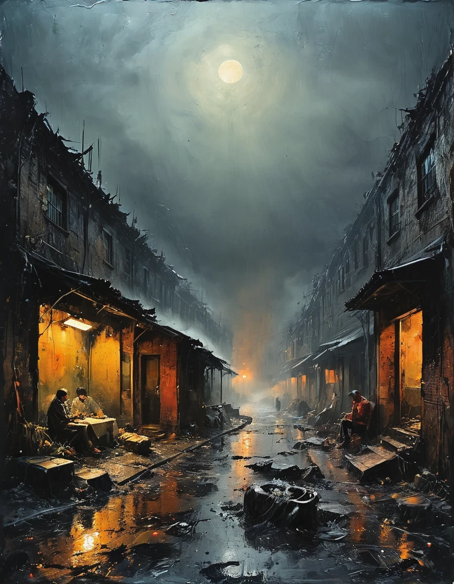 in style of Mark Lague,in style of Beeple,in style of Ian McQue,Latter-day rough soil,(The skinny disaster victims in ragged clothes with half their faces covered),(Underwear heavy rain:1.37),(Underwear heavy rain:1.37),(Underwear heavy rain:1.37),(The dark sky is raining sulfuric acid:1.3)),(Sulfuric acid rain),The desolation and ruin after the disaster,The living environment is extremely harsh,The sky is always gray,The air is full of harmful substances。Water is becoming scarce,And it is full of various unknown pollutions,The sudden disaster left the earth devastated,Species mutate,Food became scarce,The living environment is harsh,No area to be planned,On an unnamed street,Dilapidated and ugly scenes can be seen everywhere。The underground sewage system on the street has long been paralyzed,The makeshift outdoor toilet exudes a foul odor and is connected to the collapsed storefront.,The whole area was lit up with fire,From time to time, you can see a group of people gathering on the roadside,Food is even more precious,Most people survive on synthetic food or mutant plants.,(background:The dark red moon is raining sulfuric acid:1.3),Detailed details,Ultra high quality,Ultra Detailed,Epic graphics,The art of math,future,Science Fiction,Asymmetry,