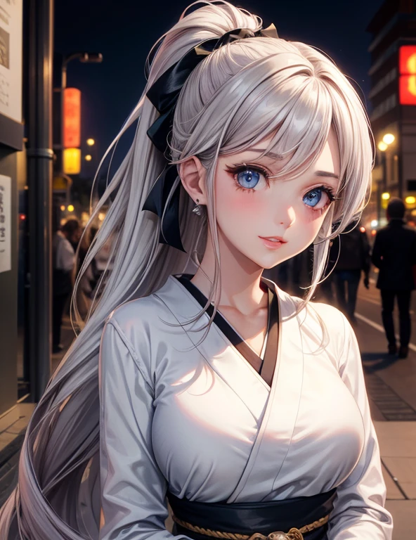 Urban beautiful girl college student, masterpiece, light makeup, pink lips, silver hair, messy long hair, street background, beautiful, elegant. super fine details, master works, authentic texture, cinematic lighting realism, perfect job, 16K, hd, exquisite features,blue eyes、japanese idol、Beautiful Face、cute smile、brown hair、beautiful hair、ponytail、glamorous,
