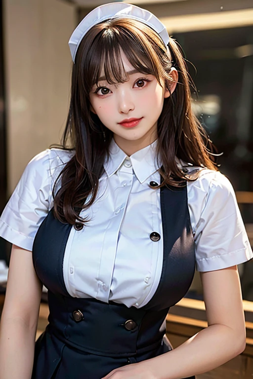 ((highest quality:1.2, 8k,debt/1.8,High resolution, Sharp focus:1.2, Photorealistic:1.4, masterpiece, depth:1.2, super debtine :1.2, Backlight, Ultimate Girl, Highly detailed facial textures, Detailed beauty makeup: 1.2, Realistic Skin, Fine grain, fine bangs)) ((waitress clothes)),(codebtdebtee shop background), Tilt your head, Huge breasts:1.2, Light brown hair, A big smile, debtrom above