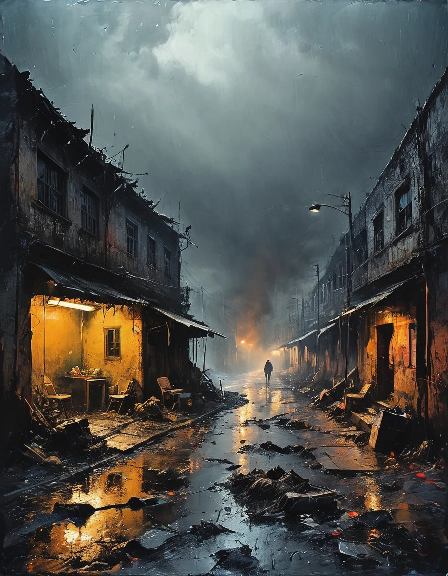 in style of Mark Lague，in style of Beeple，in style of Ian McQue，Latter-day rough soil，（The skinny disaster victims in ragged clothes with half their faces covered），（Underwear heavy rain：1.37），（Underwear heavy rain：1.37），（Underwear heavy rain：1.37），（The dark sky is raining sulfuric acid：1.3）），（Sulfuric acid rain），The desolation and ruin after the disaster，The living environment is extremely harsh，The sky is always gray，The air is full of harmful substances。Water is becoming scarce，And it is full of various unknown pollutions，The sudden disaster left the earth devastated，Species mutate，Food became scarce，The living environment is harsh，No area to be planned，On an unnamed street，Dilapidated and ugly scenes can be seen everywhere。The underground sewage system on the street has long been paralyzed，The makeshift outdoor toilet exudes a foul odor and is connected to the collapsed storefront.，The whole area was lit up with fire，From time to time, you can see a group of people gathering on the roadside，Food is even more precious，Most people survive on synthetic food or mutant plants.，（background：The dark red moon is raining sulfuric acid：1.3），Detailed details，Ultra high quality，Ultra Detailed，Epic graphics，The art of math，future，Science Fiction，Asymmetry，