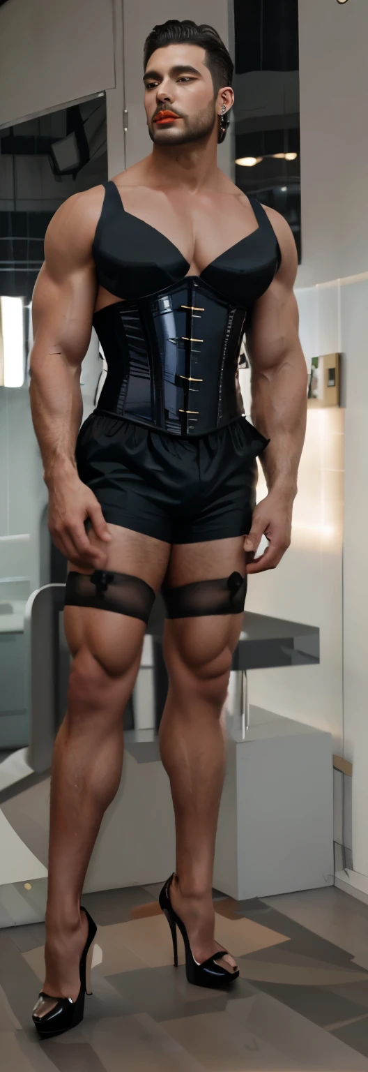 A Very Masculine, muscular hunk men, with short hair ,athlic body, wearing a padded bra, glossy nylon stocking, lingerie, corset, very high heels, makeup, red lipstick, fake eyelashes, earrings