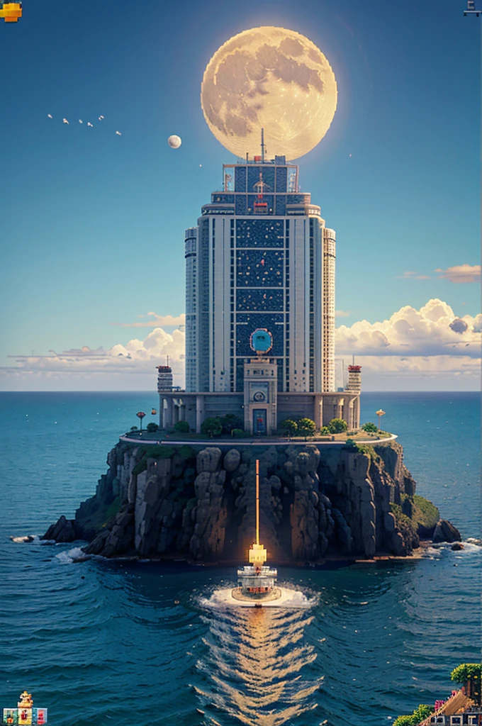 Pixel art of giant moon rising over calm sea, beautiful detailed pixel art, detailed pixel art, Lo-fidel retro video games, Concept Pixel Art, detailed pixel artwork, Pixel art style, pixel town, Pixel Art Animation, High-quality