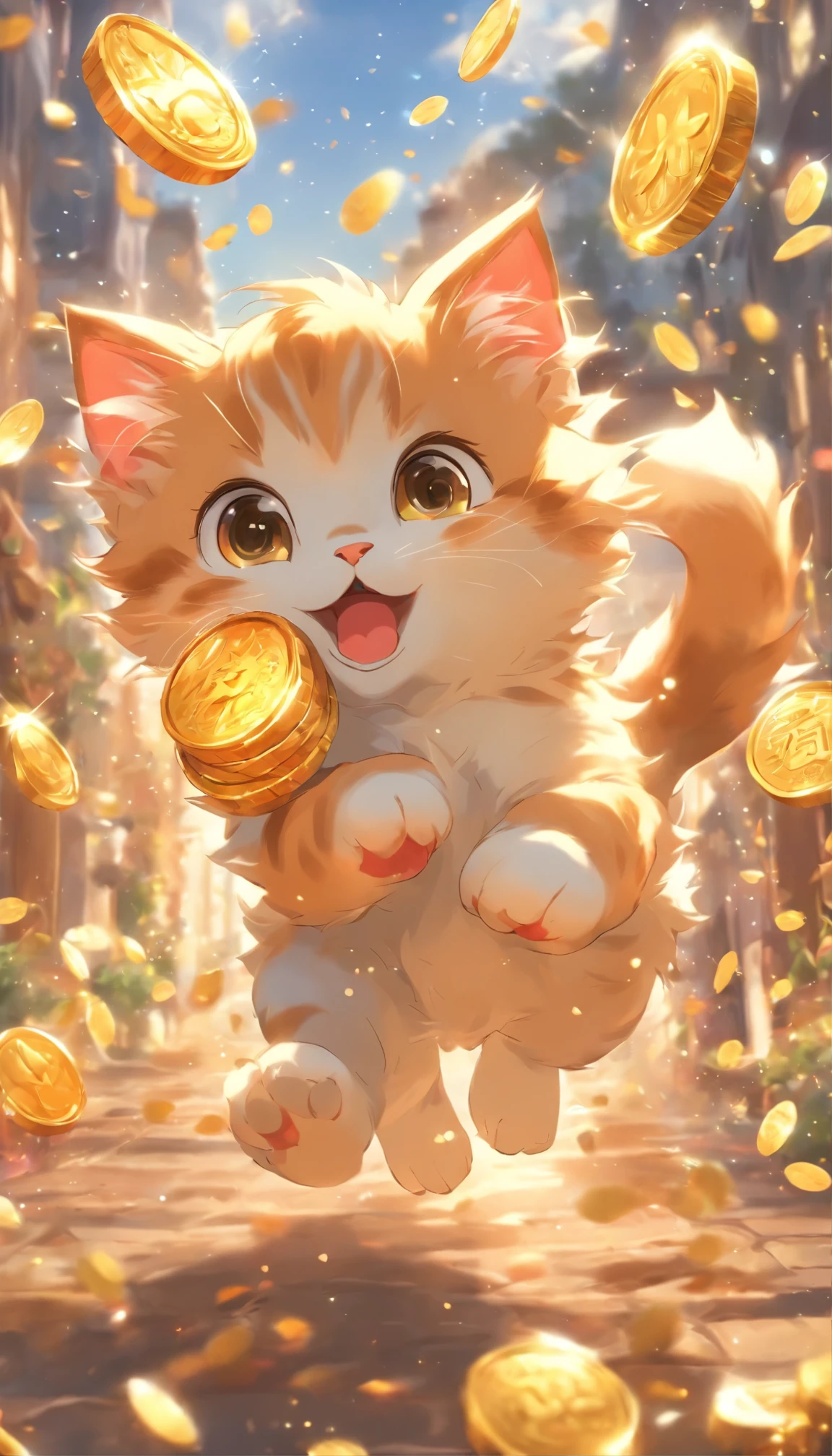 A cute kitten,The round eyes are playing with it, Holding a cornucopia in hand,Collect gold coins falling from the sky
