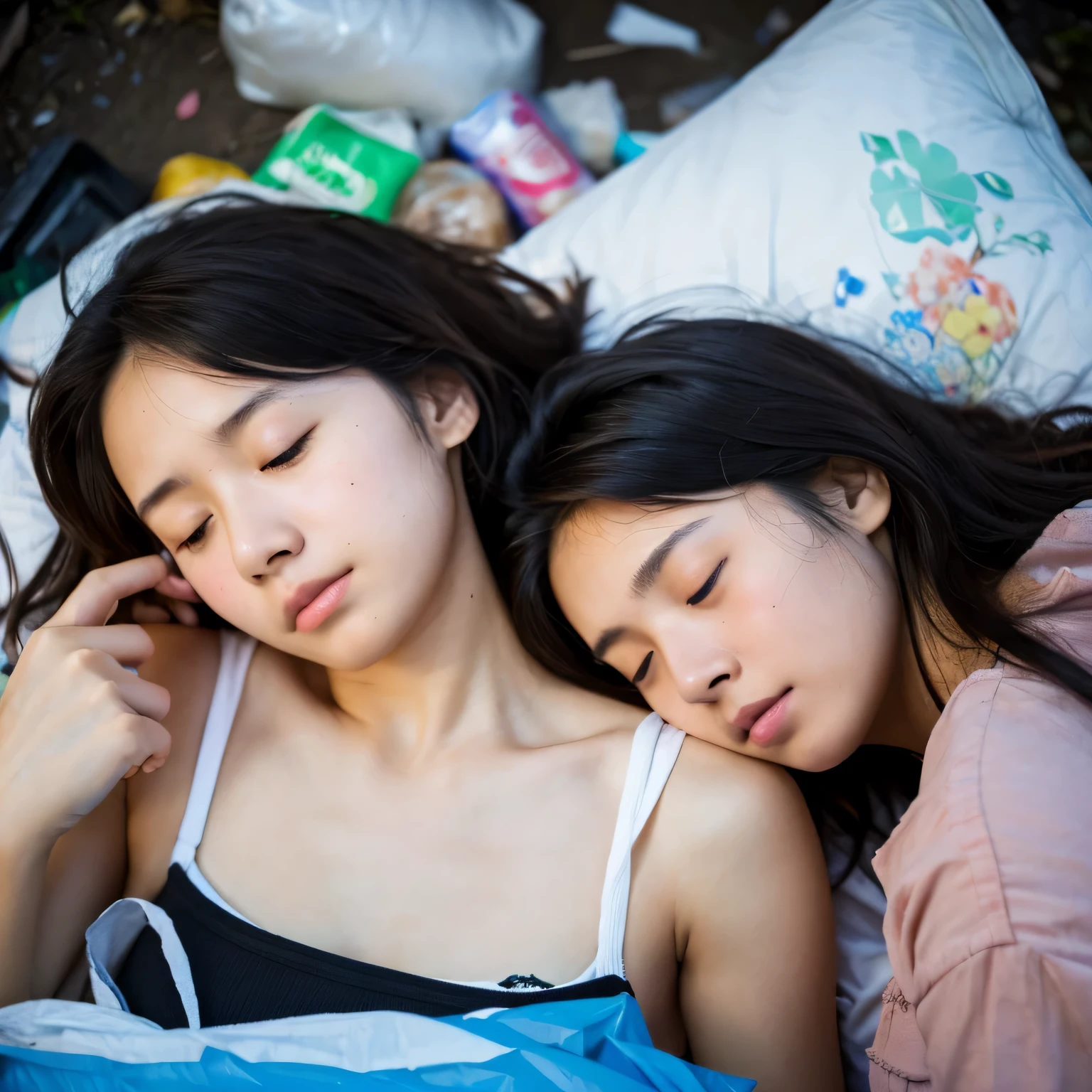 Two people、Identical twin sisters、Best image quality,, Ultra-high resolution, (Faithfulness:1.4),Realistic woman,Realistic body, photograph, cute ,Shortcuts,Realistic Face,Japanese women,Exposing shoulders,Tattered clothes,Messy Hair, Thin and thin,Young Face,high school student,,High milk,Messy Hair,poor,Sleeping with trash,close your eyes,Buried in garbage,Sleep on your side,pile of trash,Sleeping girl,A trashy place,Sleep alone'Came back,Ripped tank top,Tattered Tank Top,Surrounded by trash,Concentrated Cut.Battered girl,cute face、(8k, RAW photo, best quality, masterpiece:1.2), (realistic, photo-realistic:1.4), (extremely detailed 8k wallpaper),Highly detailed face、Highly detailed eyes、Extremely realistic skin、Highly detailed fingers, Highly detailed nose, Highly detailed mouth,