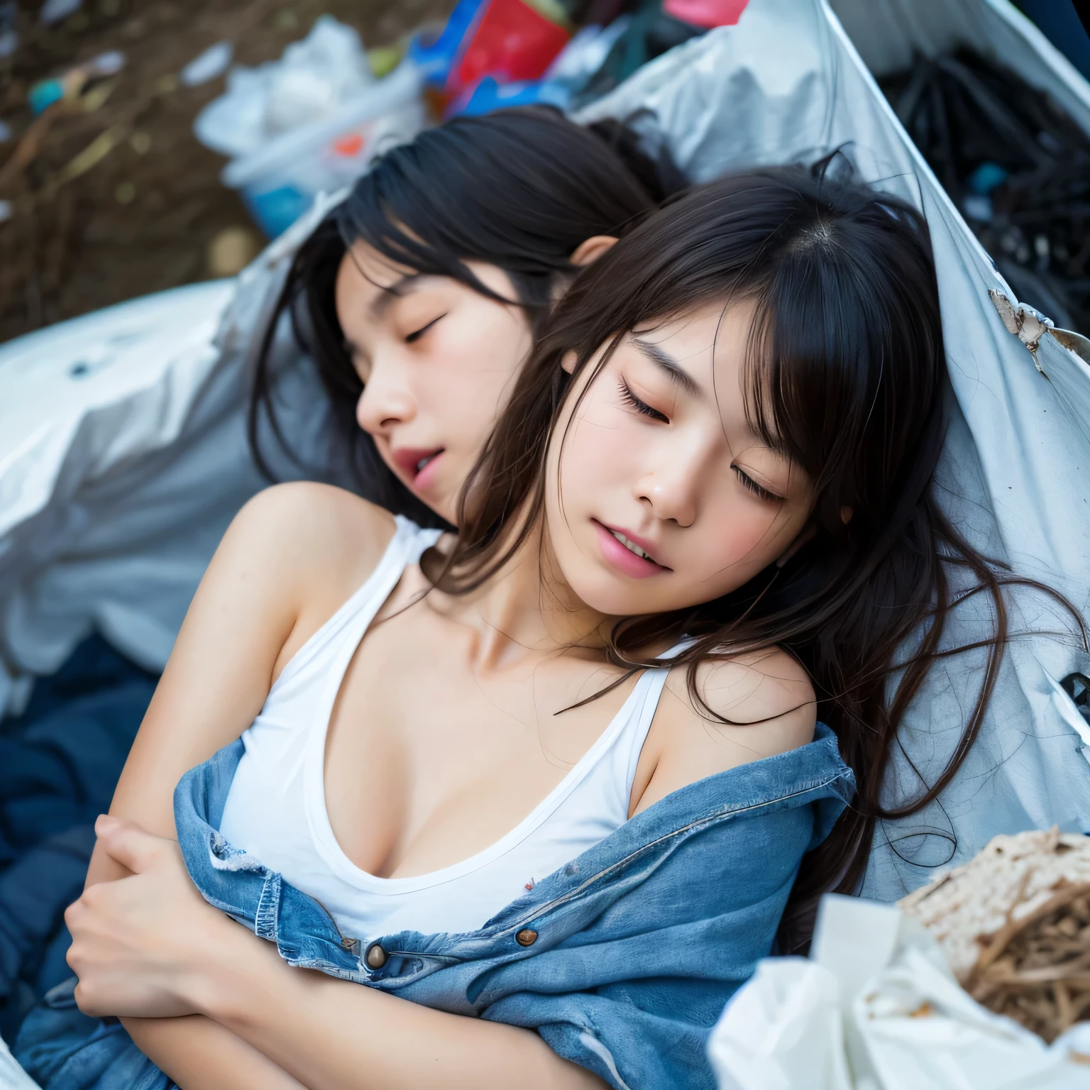 Two people、Identical twin sisters、Best image quality,, Ultra-high resolution, (Faithfulness:1.4),Realistic woman,Realistic body, photograph, cute ,Shortcuts,Realistic Face,Japanese women,Exposing shoulders,Tattered clothes,Messy Hair, Thin and thin,Young Face,high school student,,High milk,Messy Hair,poor,Sleeping with trash,close your eyes,Buried in garbage,Sleep on your side,pile of trash,Sleeping girl,A trashy place,Sleep alone'Came back,Ripped tank top,Tattered Tank Top,Surrounded by trash,Concentrated Cut.Battered girl,cute face、(8k, RAW photo, best quality, masterpiece:1.2), (realistic, photo-realistic:1.4), (extremely detailed 8k wallpaper),Highly detailed face、Highly detailed eyes、Extremely realistic skin、Highly detailed fingers, Highly detailed nose, Highly detailed mouth,