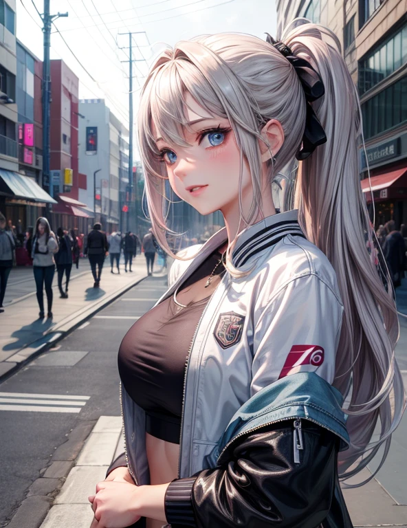 Urban beautiful girl college student, masterpiece, light makeup, pink lips, silver hair, messy long hair, street background, beautiful, elegant. super fine details, master works, authentic texture, cinematic lighting realism, perfect job, 16K, hd, exquisite features,blue eyes、japanese idol、Beautiful Face、cute smile、brown hair、beautiful hair、ponytail、glamorous,wearing bra and baseball jacket