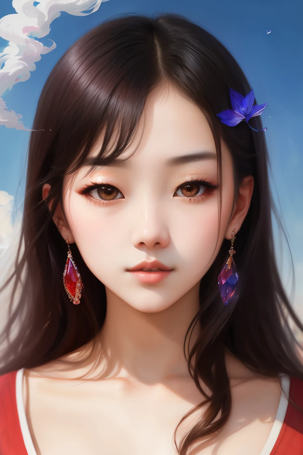 _james jean, floating female figure made of ribbons, smoke, in the sky, colorful and vibrant, mystical colors, contemporary impressionism, yanjun cheng portrait painting, iridescent painting, 3/4 perspective view, cute face, low angle, sweeping circling composition, large beautiful crystal eyes, big irises, UHD, HDR, 8K, (Masterpiece:1. 5), (the most beautiful portrait in the world:1.5),Korean Beautiful Girl,Korean Idol Beautiful Girl,Korean dancer,Are thin,Small breasts,Prostitute,high school student,Supermodel,A talented actress,