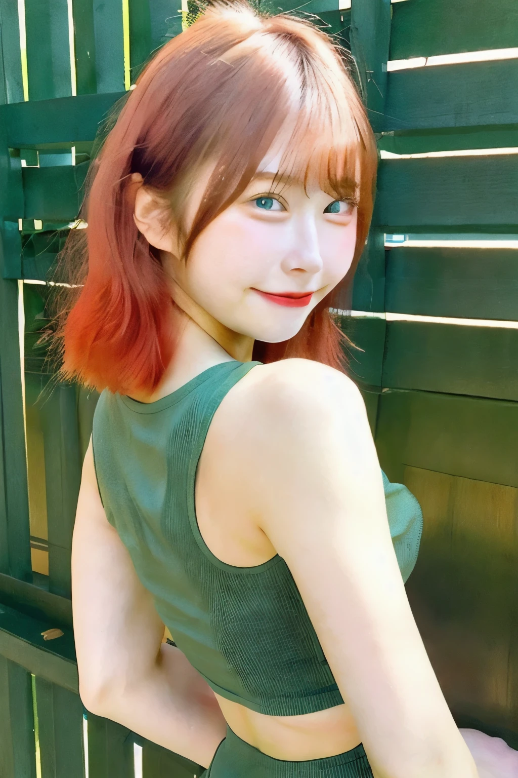 one person、14 years old、Red hair、Full body photo、slender、woman、White drool coming out of the mouth、smile、Red hair、Natural Shorthair、 Fair skin, messy hair, super cute、Soft and Face、8K resolution、Surreal、Ultra high definition、 A-cup small breasts((Highest resolution、8k、masterpiece:1.3))、Ultra-fine face、Ultra Fine Lips、Beautiful Eyes、double eyelid,Light blue wall、Black and green checked bandeau dress:1.1、Thighs、thin,Thighs are visible、Shapely small breasts、