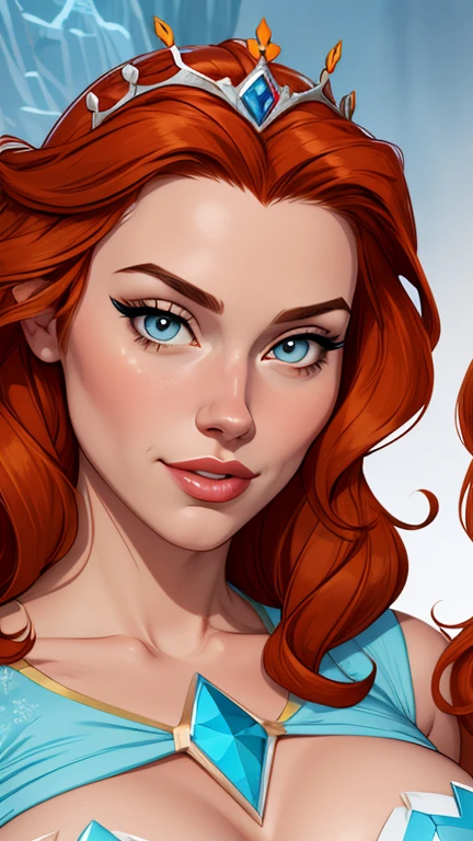 Beautiful portrait mode pose Cartoon character in dynamic pose two women together redhead Queen Anna of Arendelle redhead with 1,60cm on the left and together with a symmetrical body and beautiful breasts, corpo bem definido, delicado e sensual, estilo de desenho animado, digital illustration Portrait mode