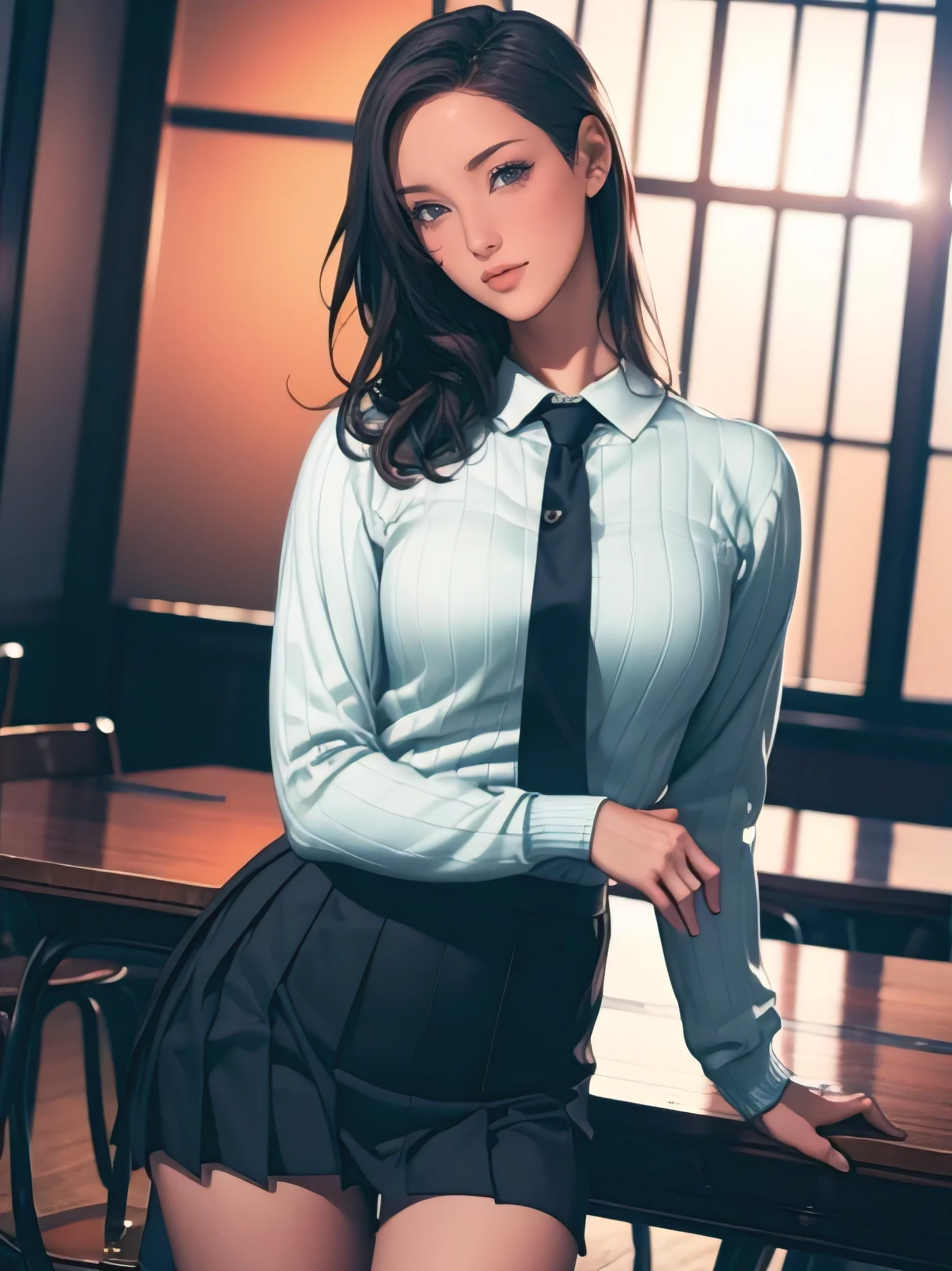 (8k, Realistic, Tabletop, highest quality, RAW Photos:1.3), 1girl, solo, necktie, skirt, dutch angle, sweater, pleated skirt