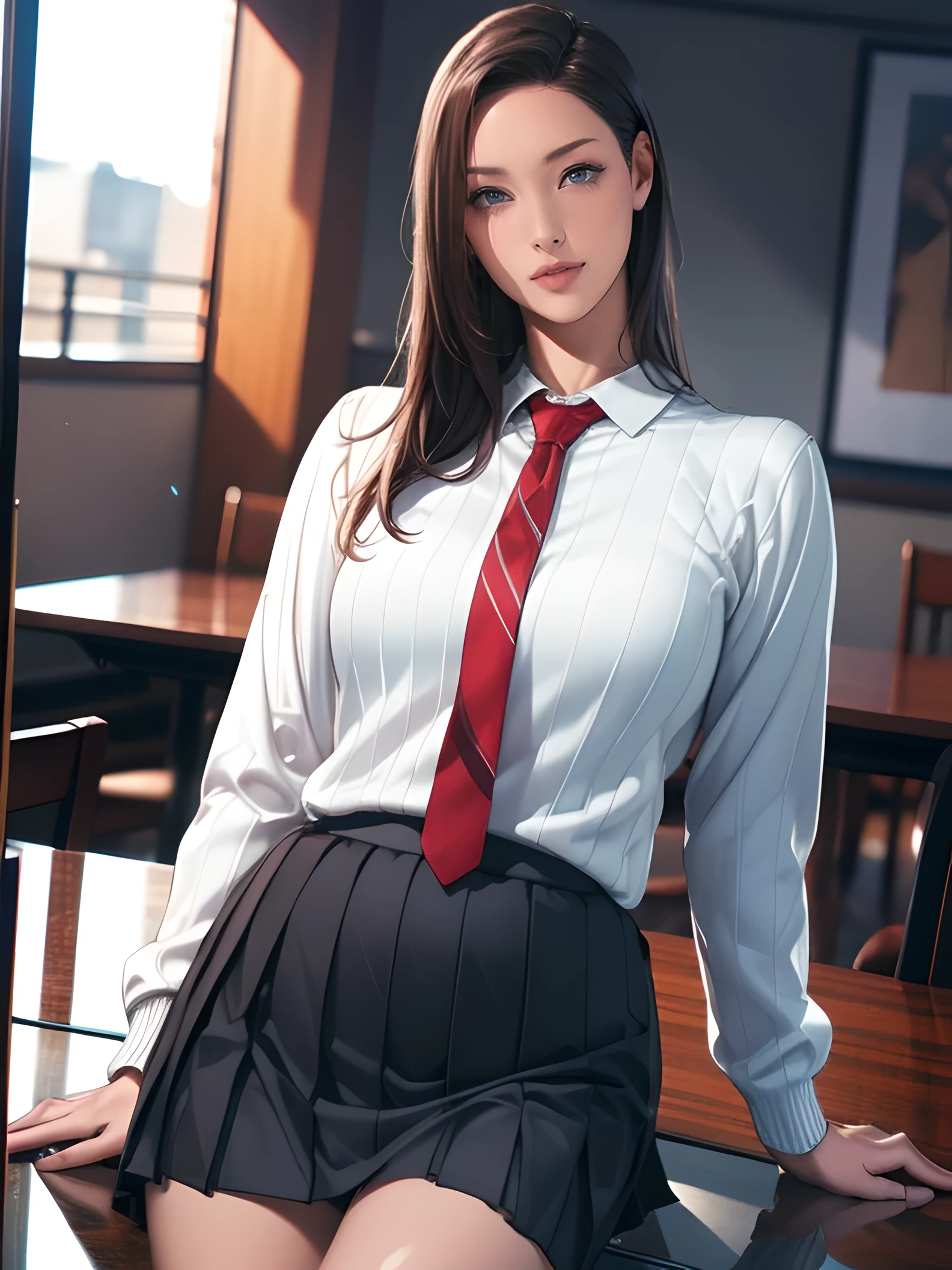 (8k, Realistic, Tabletop, highest quality, RAW Photos:1.3), 1girl, solo, necktie, skirt, dutch angle, sweater, pleated skirt