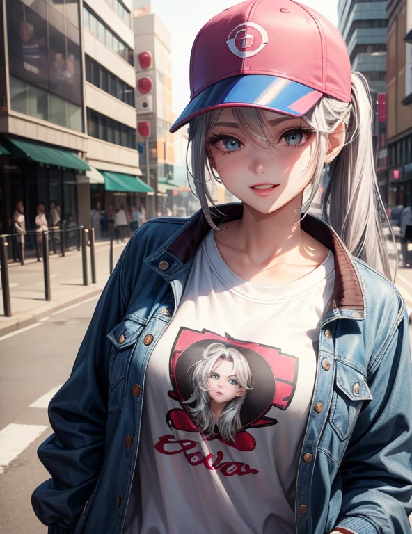 Urban beautiful girl college student, masterpiece, light makeup, pink lips, silver hair, messy long hair, street background, beautiful, elegant. super fine details, master works, authentic texture, cinematic lighting realism, perfect job, 16K, hd, exquisite features,blue eyes、japanese idol、Beautiful Face、cute smile、brown hair、beautiful hair、ponytail、glamorous,baseball hat,tshirt baseball and baseball jacket