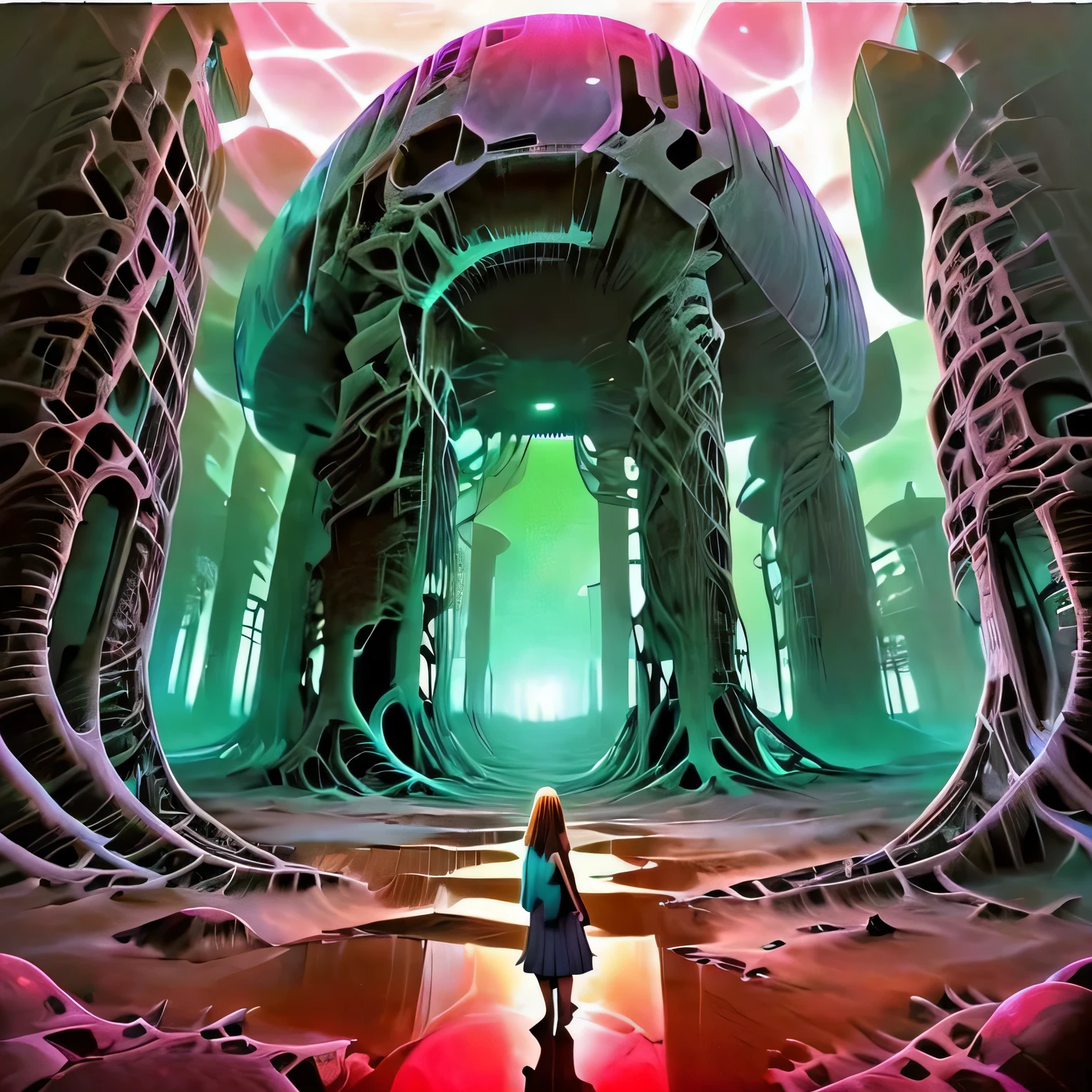 A girl wanders through strange ruins of buildings and glowing technology 