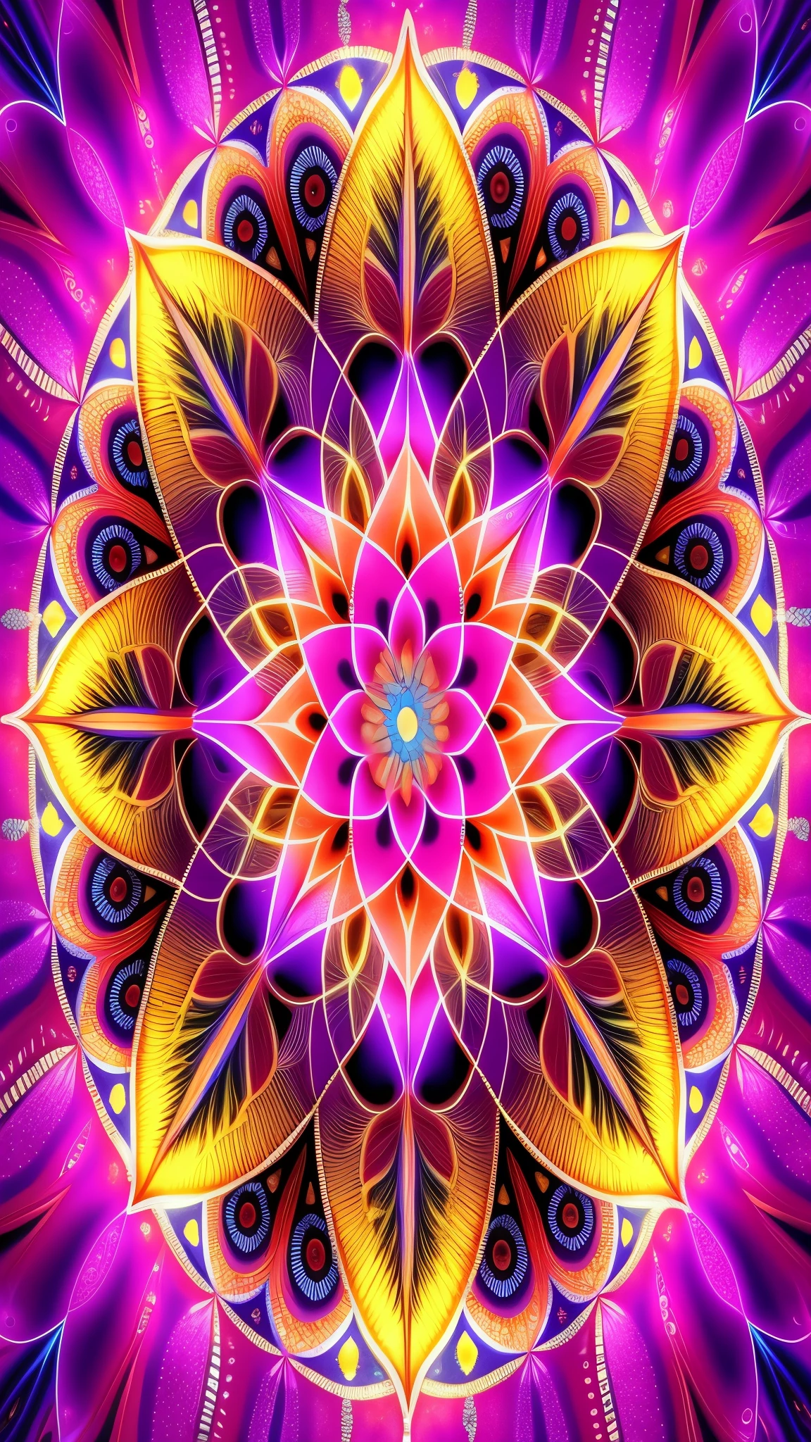 a colorful flower with a blue center surrounded by yellow leaves, colorful mandala, bright psychedelic colors, psychedelic digital art, psychedelic vibrant colors, psychedelic art style, psychedelic visuals, digital illustration radiating, large colorful images, vibrant digital art, vivid psychedelic colors, trippy vibrant colors, sacred fractal structures, illusion psychedelic art, dmt visuals, intricate vibrant colors