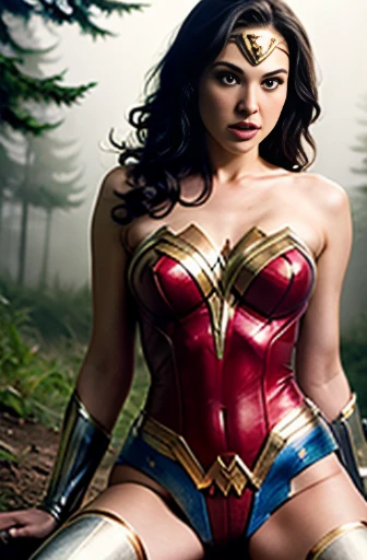 Masterpiece, (Gal Gadot as wonder women), Flat chest, ultra detailed, ultra realistic, nude, full body shot, slim body, narrow hips, small girl, very detailed face, nude, sitting open legs very wide spread, showing her pussy, big pussy, pussy shot, Turn her pussy towards the viewer, in misty forest on background, at night, (cinematic lighting, bokeh), dramatic, award-winning photography, incredible masterpiece, 16K, ultra high res.photorealistic, UHD, RAW, DSLR, naked, tied up , BDSM, bondage, Collared, chained,dirty,
