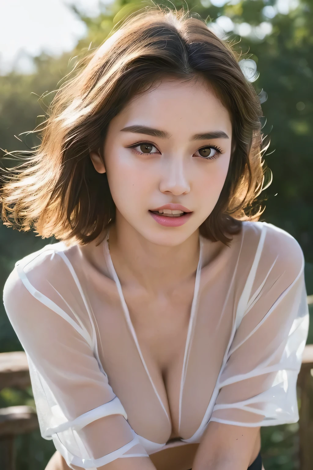 ((highest quality、8k、masterpiece: 1.3))、Perfect body beauty: 1.4、Slim Abs: 1.2、beautiful woman with slim abs:1.3、(Highlight Haircut、Breast A cup:1.2), Small breasts, Round shaped breasts, Perfectly shaped breasts, ((( Black seamless underwear, loose sheer shirt,   ))), (good, )pubic hair,Pubic bone height, Simple Necklace, Ultra detailed face、18-year-old、 Beautiful woman、(Dark brown shortcuts), Slim face、Highly detailed face and skin texture、Highly detailed lips、Spread your legs、highest quality、masterpiece、超A high resolution、(Photorealistic:1.4), I walked with confidence, Open your arms, Long Shot , (Outdoor), Light background, Sunset Light,

Ultra-detailed lips, Plump and moisturized lips, glossy pink lips, Flushed Cheeks, ((White beautiful teeth)), 
Beautiful actress&#39;s ennui makeup, Pink lipstick, 
