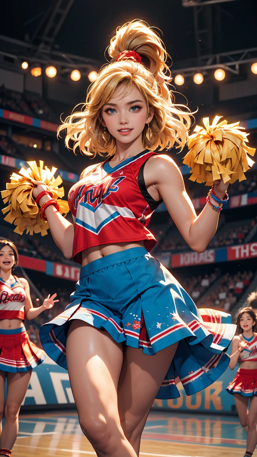 ((最high quality, 8K, masterpiece: 1.3, Ultra HD, high quality, 最high quality, High resolution, realism)) 、A 22-year-old extremely beautiful white woman、Hair color blonde、blue eyeedium Hair、Straight Hair、smile、Slender but well-proportioned body、Athlete-like body type、I want my head to stay off screen、Wearing accessories on the wrist、Put an anklet on your ankle、Wearing red nail polish、I have a peticure、Being a cheerleader、Holding pom-poms and waving both hands in the air, they dance the cheer dance、looks fun、Lively