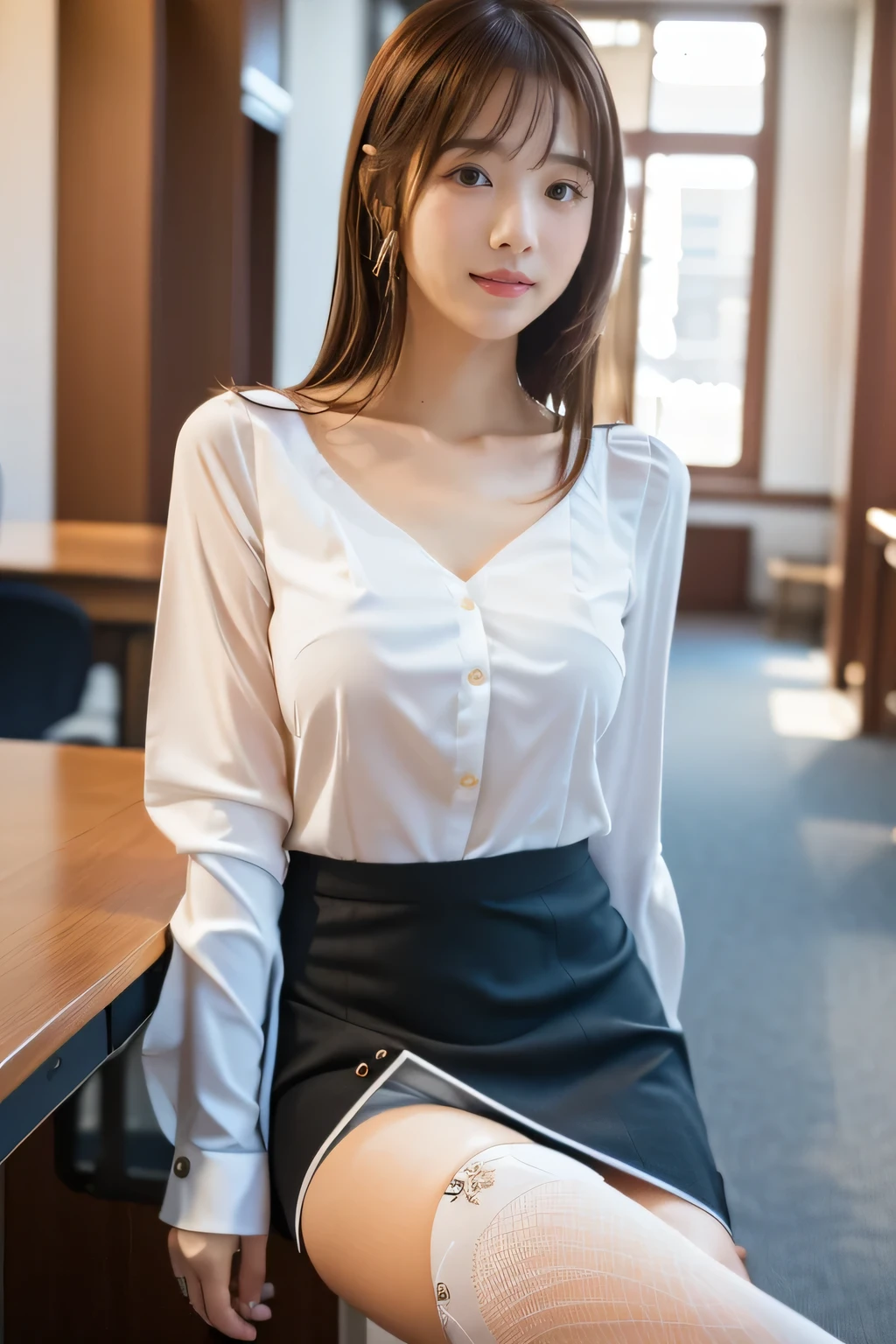 masterpiece, highest quality, Realistic, Very detailed, finely, High resolution, 8k wallpaper, Professional, High level of detail, ((One 18 year old girl:1.2)), Slender Japanese women,cute lips, Collarbone Detail, Center of chest、Perfect Face, (cute short bob:1.5), Chestnut Hair、cute face、Perfect Professional Potion、((Complete head-to-toe coverage:1.5)、(8k、RAW Photos、highest quality、masterpiece:1.2)、Character Focus、perfect cute girl、cute、(Small face)、A kind smile、Shiny skin、(Beautiful leg lines)、Narrow waist、Big Breasts、Beautiful breasts、(Blouse on bare skin、Pencil Skirt、Black Stockings:1.2)、High heels、Clear Skin、High transparency、(Slender and beautiful girl)、(Shiny)、View your viewers、Beautiful thighs、office interior、Bokeh、