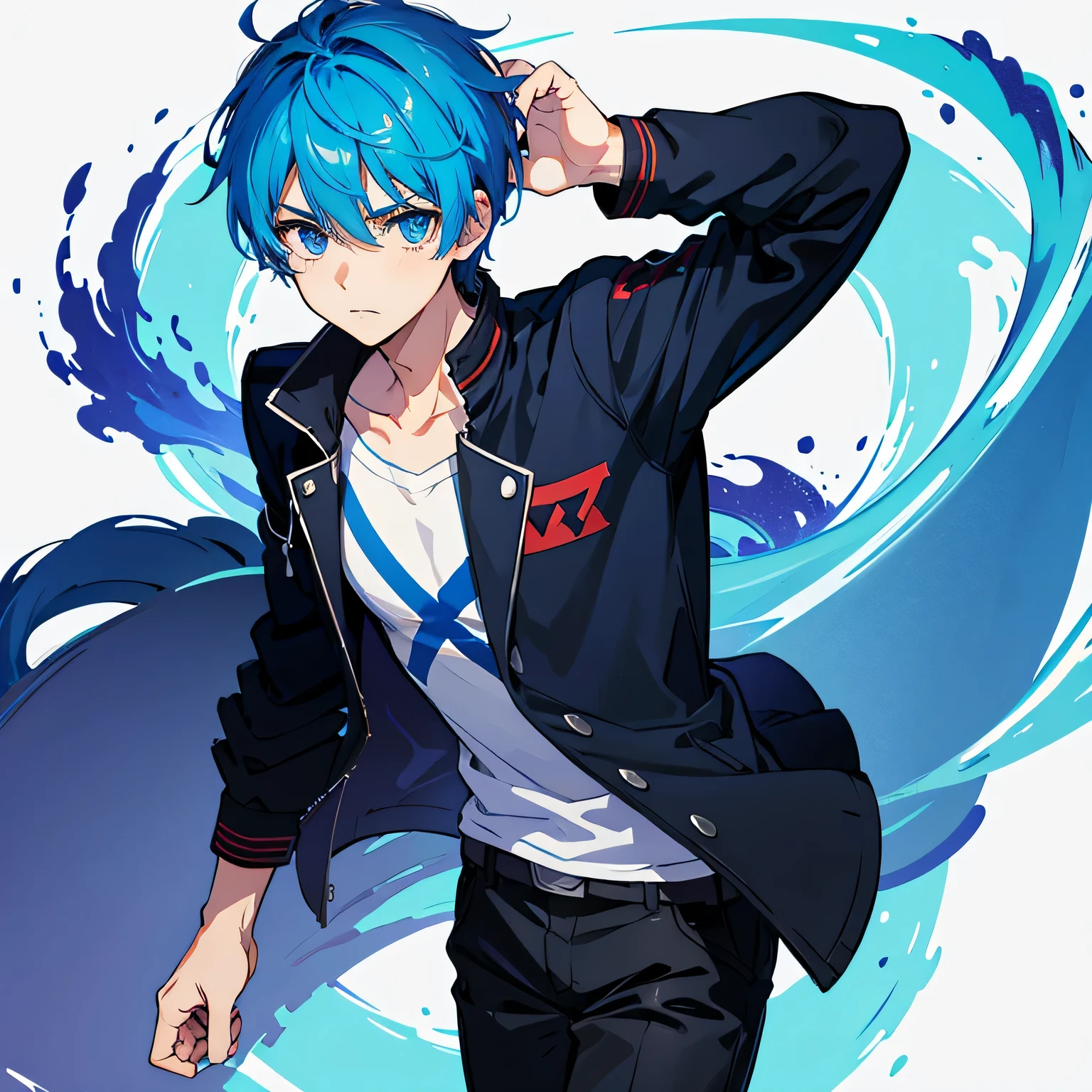 A boy male high school student with blue hair, short hair, blue eyes and a frown