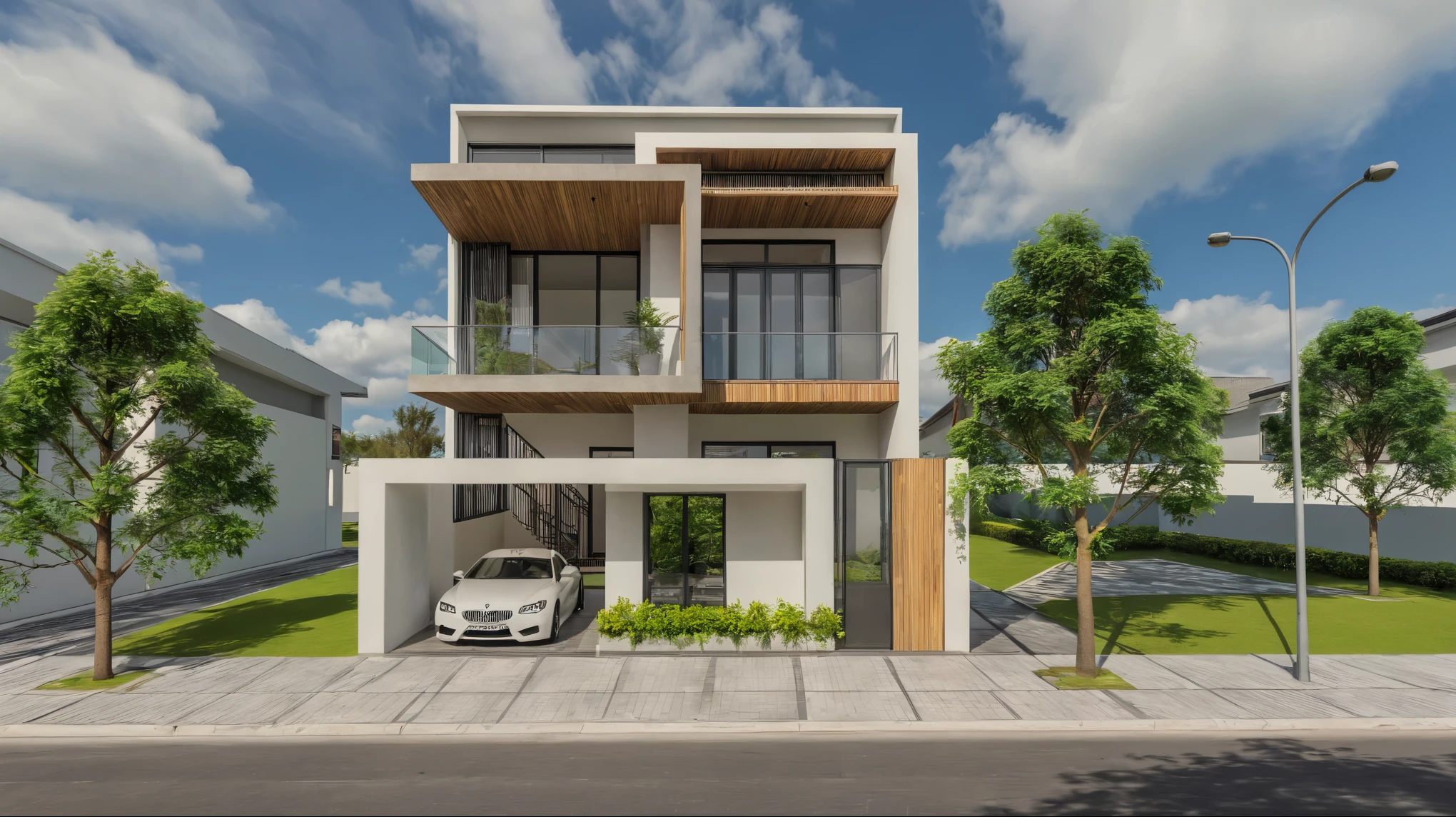 Masterpiece, high quality, best quality, authentic, super detailed, outdoor, modern house style, villa, white, gray walls, glass doors, balcony with green trees, surrounded on both sides of the house by pine trees, street gates, sidewalks, trees, blue sky, clouds, (date: January 1), realistic light