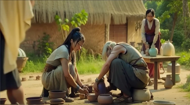 Several people making pottery in a small village, Still from a live action movie, 真人Movie Scenes, Movie screenshots, 奇幻Movie Stills, Movie Stills, Movie highlights, Movie Scenes, Still frame from a movie, film Movie Stills, movie still dnd, Movie screenshots, Movie Stills