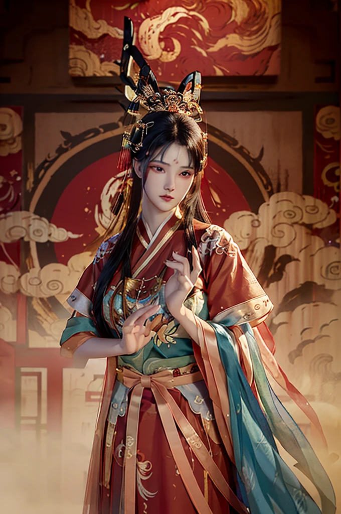 (masterpiece, best quality, (ultra detail, edexquisite), 8k),
oil painting,
((One beautiful adult woman)).
blurry background,
dramatic composition, dynamic pose, dynamic angle, wind,
medium skin,
long flowing black hair,
beautiful detailed face,
detailed eyes, ((black eys), beautiful eyes),
beautiful detailed nose,
red eyeshadow,light make-up,
gentle smile,
elongated human fingers,
had his hands folded,
Gorgeous red Hanfu with gold damask pattern,
Gorgeous head dress, gorgeous feathers and gorgeous hair accessories
(Gorgeous and luxurious, grace, Colorful, beautiful),
history, era, Chinese style, Traditional Chinese architecture, Chinese gardens, Chinese mansion, Chinese Palace,