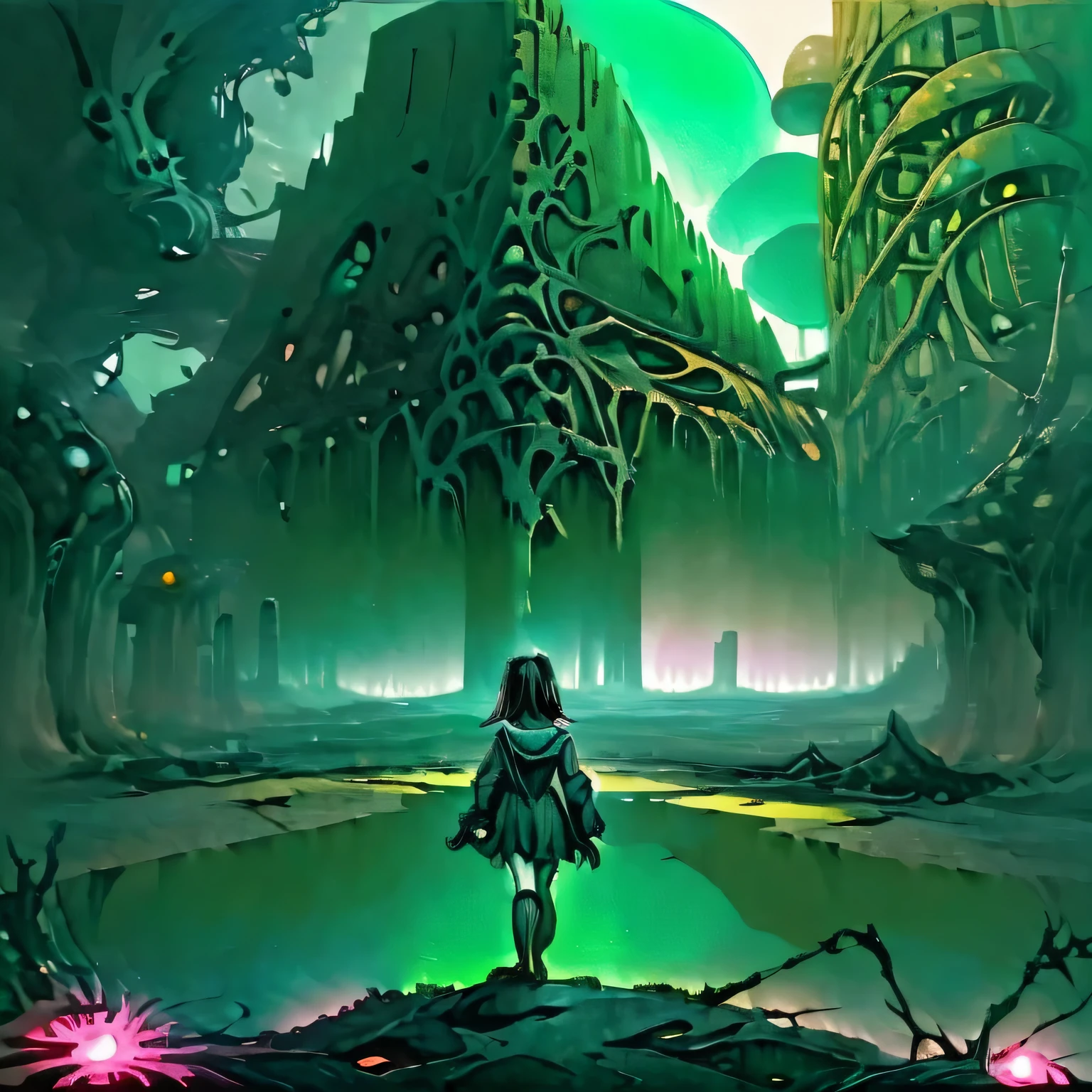 A girl wanders through strange ruins of buildings and glowing technology 