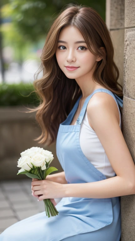 highest quality，masterpiece，超A high resolution，RAW Photos，One Girl，Loose perm hair、length、brown hair、Arms crossed、Japanese、Loose perm hair、length、brown hair、smile、Professional photography、Same skin type as humans、A woman dressed in Japan from head to toe、Blur the background、Anatomical accuracy、Very detailed and beautiful、Ultra HD、length、Her hair is flowing and sexy、Very detailed beautiful girl、Shoulder-length hair、Floristのスタッフ,Florist、White long skirt、Light brown sleeveless、apron、Holding flowers