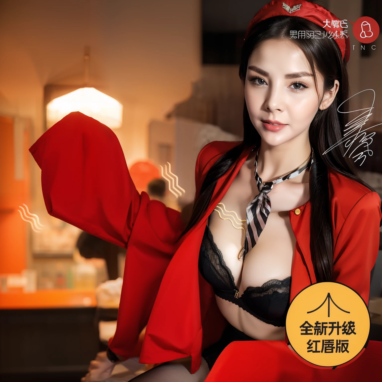Black lace bra and part of red stewardess jacket,Blurred background,Full breasts