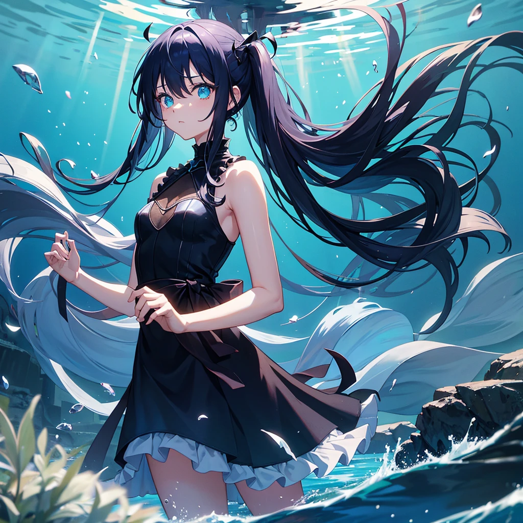 Alone anime girl , My hair is very long, tied on both sides. , Dark blue hair , Cyan glowing eyes , Stay in a luxury underwater house , The house has a glass roof so you can see the water above. , light falls , Dip your feet in the water. , There are corals. , There is seaweed. , Wear a black dress , sleeveless , Flat beast