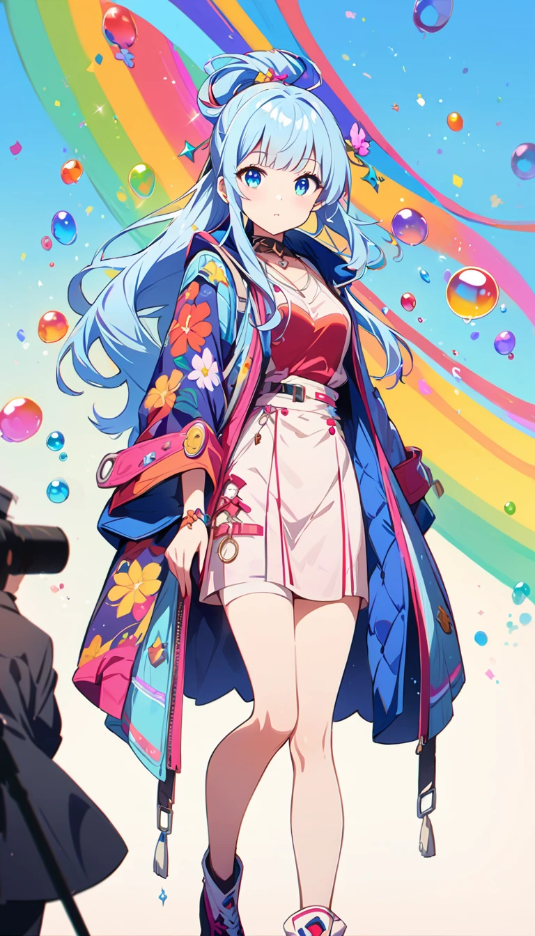 (masterpiece), (highest quality), (Super Detail), (Disheveled Hair), (figure), (One Girl), (Fashionable clothes), Are standing, Fashion Model, Beholder, (interview), (Simple Background), Beautiful beautiful eyes, Delicate and beautiful face, floating, (High saturation), (Colorful Splash), Colorful bubbles, (Shine), Focus on the face, ponytail, Light blue hair, bangs, Hair Ring, floating Flowers, floating Hairs, (The Shining), Best lighting, Best Shadow、(highest quality、masterpiece、High resolution、detailed)、animeスタイル、Flat Style、(Shine目、detailed美しい顔), BREAK,anime