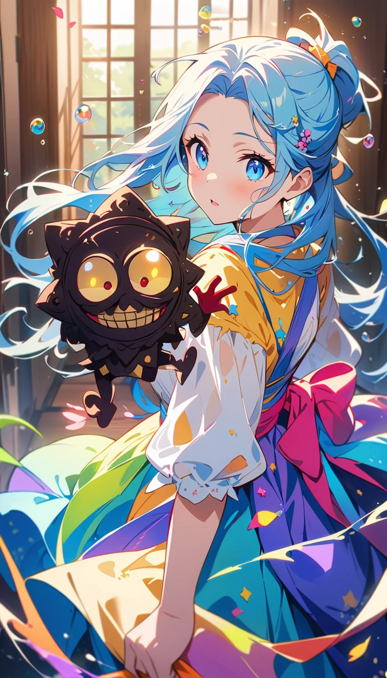 (masterpiece), (highest quality), (Super Detail), (Disheveled Hair), (figure), (One Girl), (Fashionable clothes), Are standing, Fashion Model, Beholder, (interview), (Simple Background), Beautiful beautiful eyes, Delicate and beautiful face, floating, (High saturation), (Colorful Splash), Colorful bubbles, (Shine), Focus on the face, ponytail, Light blue hair, bangs, Hair Ring, floating Flowers, floating Hairs, (The Shining), Best lighting, Best Shadow、(highest quality、masterpiece、High resolution、detailed)、animeスタイル、Flat Style、(Shine目、detailed美しい顔), BREAK,anime