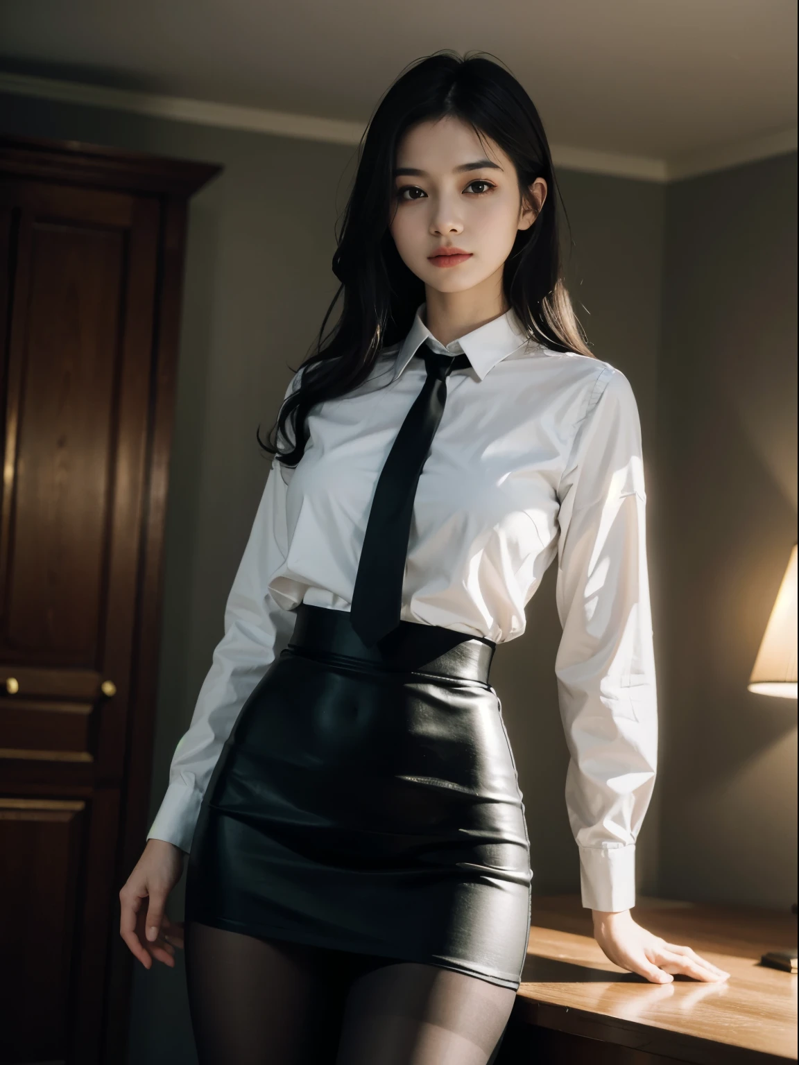 1girl,young girl, shiny skin,medium breasts,nice leg line:1.3, thin waist,, thighhighs,necktie,((pencil skirt)),looking at viewer,from below,full body, ( pantyhose:1.3),(The golden ratio figure),
masterpiece, best quality, best perspective, ultra-detailed and intricate, extremely delicate and beautiful, best quality light, (ray tracing:1.1), anti-aliasing,
realistic,photorealistic,award-winning illustration,(intricate details:1.2),(delicate detailed) (intricate details),(cinematic light,best quality Backlights),clear line,sharp focus,official art,unity 8k wallpaper,absurdres,incredibly absurdres,huge filesize,ultra-detailed,highres,extremely detailed extremely delicate and beautiful,RAW photo, professional lighting,dynamic lighting,light on the face,depthoffield,solofocus,
