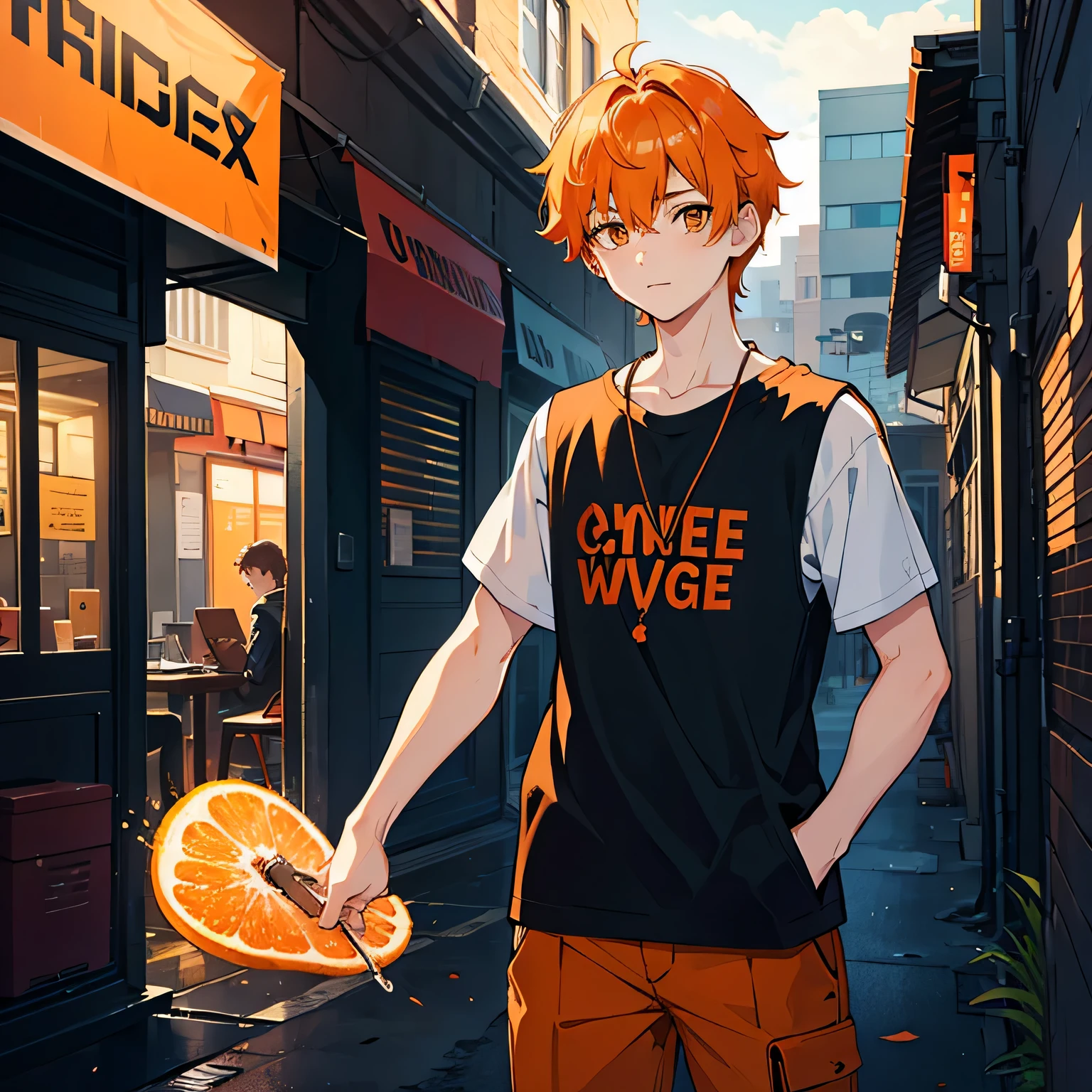 A -yeld boith extremely short orange hair and a college style