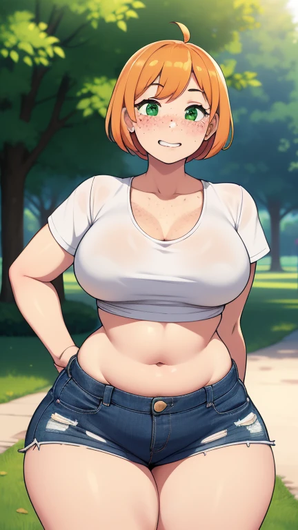 ((a high resolution)), masterpiece, high quality, Best quality, Beautiful, Ideal lighting, detailed face, very cute face, ((1 girl)), ((One), short fluffy orange hair, green eyes, freckles, ((blush)), Nice smile, I look at the viewer, hands behind your back, standing in a Park, (Park), daytime, crop top, shorts, (((thick thighs))), ((wide hips)), split, (medium breast), (chubby), 20 year old woman,