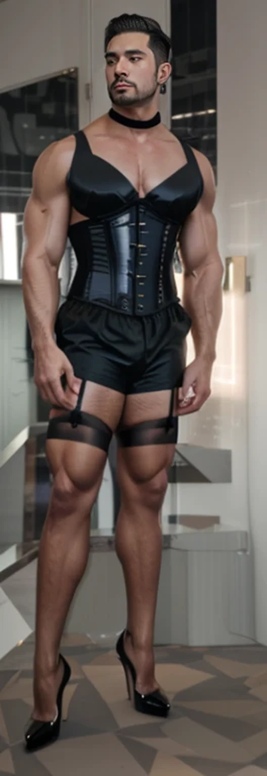 A Very Masculine, muscular hunk men, with short hair ,athlic body, wearing a padded bra, glossy nylon stocking, lingerie, corset, very high heels, makeup, red lipstick, fake eyelashes, earrings