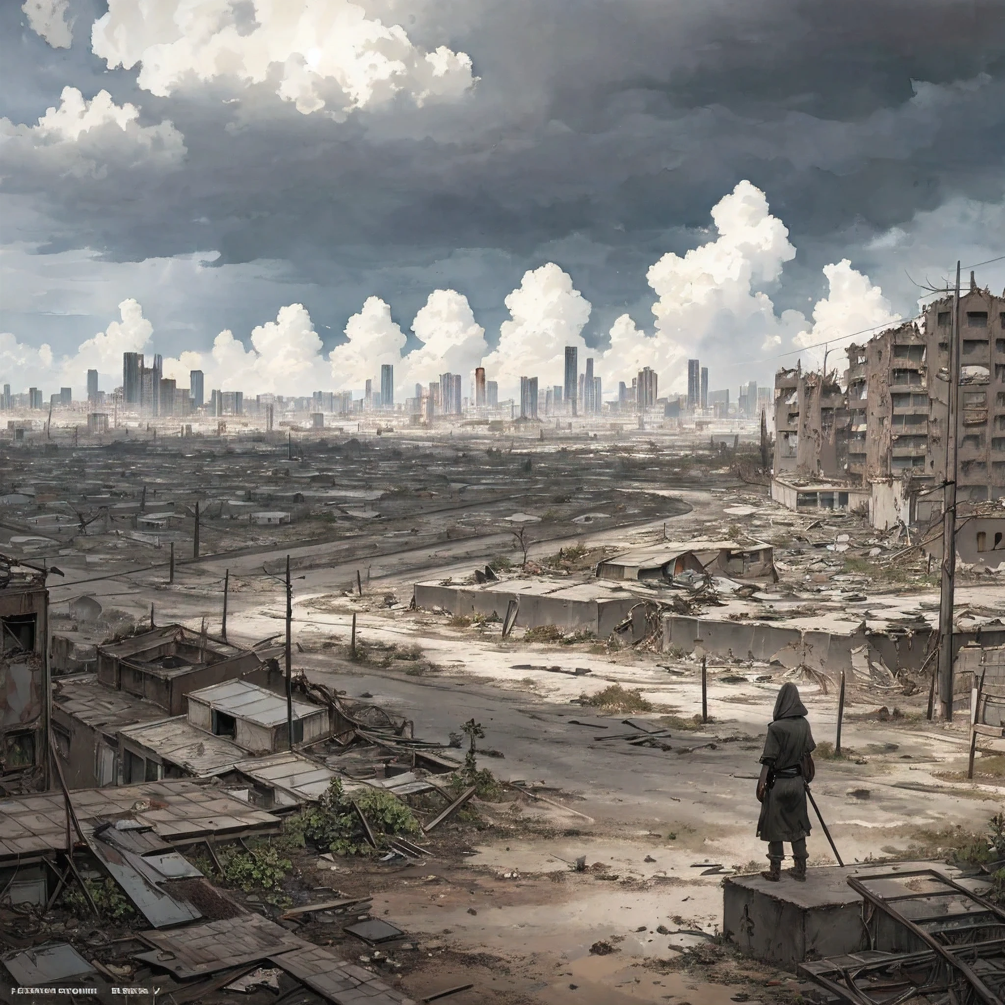 best quality, high resolution, ultra-detailed, extremely detailed, (a girl standing), shukezouma,(illustration:1.1),(best quality),(masterpiece:1.1),(panorama shot:1.3),(full body:1.25),(solo:1.2),highres,(watercolor) a post-apocalyptic wasteland with desolate ruins and overgrown vegetation reclaiming the decaying structures. the sky is filled with ominous storm clouds, hinting at an impending storm. harsh winds sweep through the abandoned streets, carrying dust and debris. the scene evokes a sense of isolation and survival, with remnants of the past serving as a reminder of a lost civilization, 