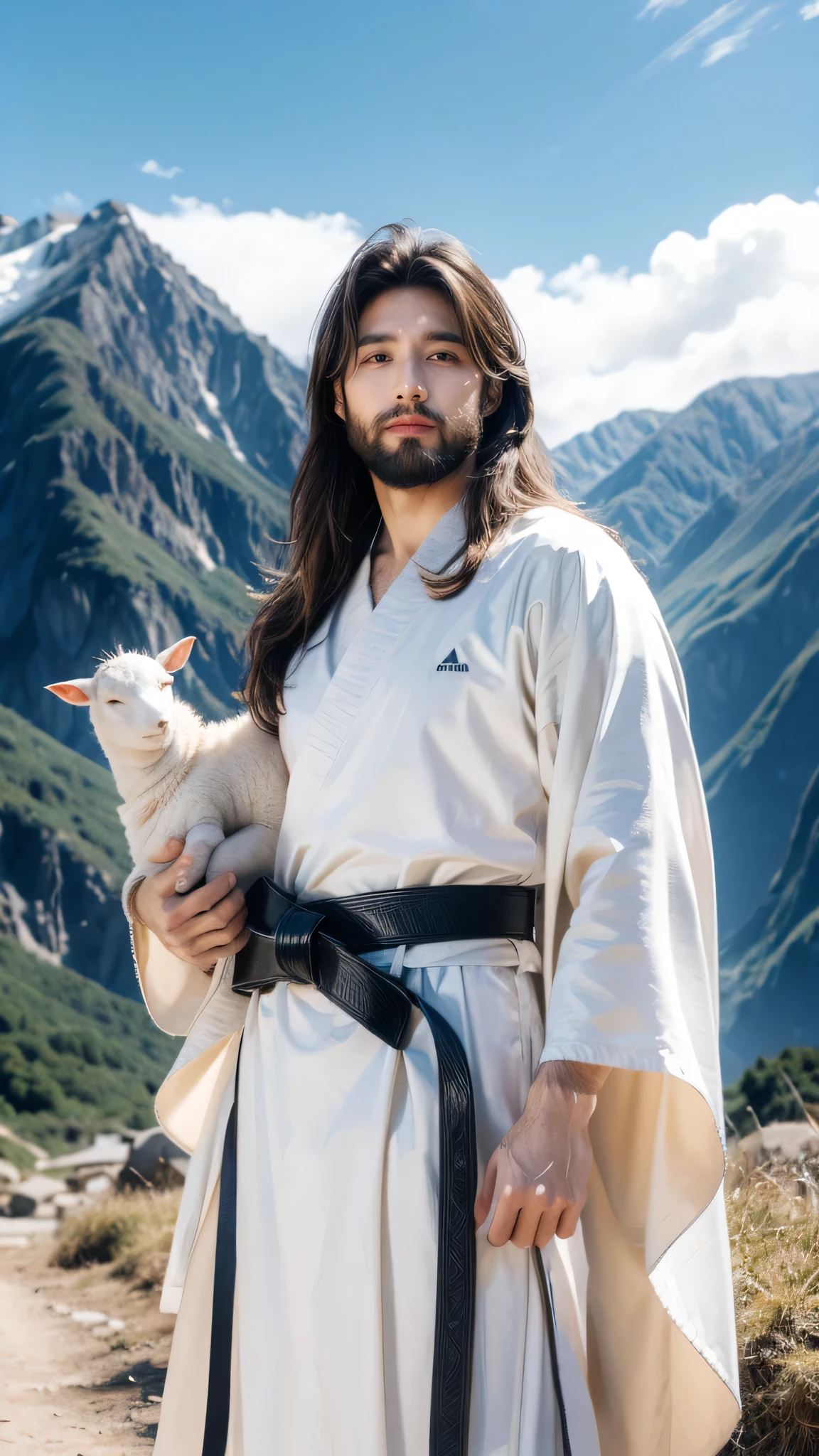 Jesus,portrait, Soft Light, A man with long brown hair and a beard, wearing white robe,Wearing a blue belt, Holding a lamb, Smile gently, Mountains and clouds in the background, 8k, painting