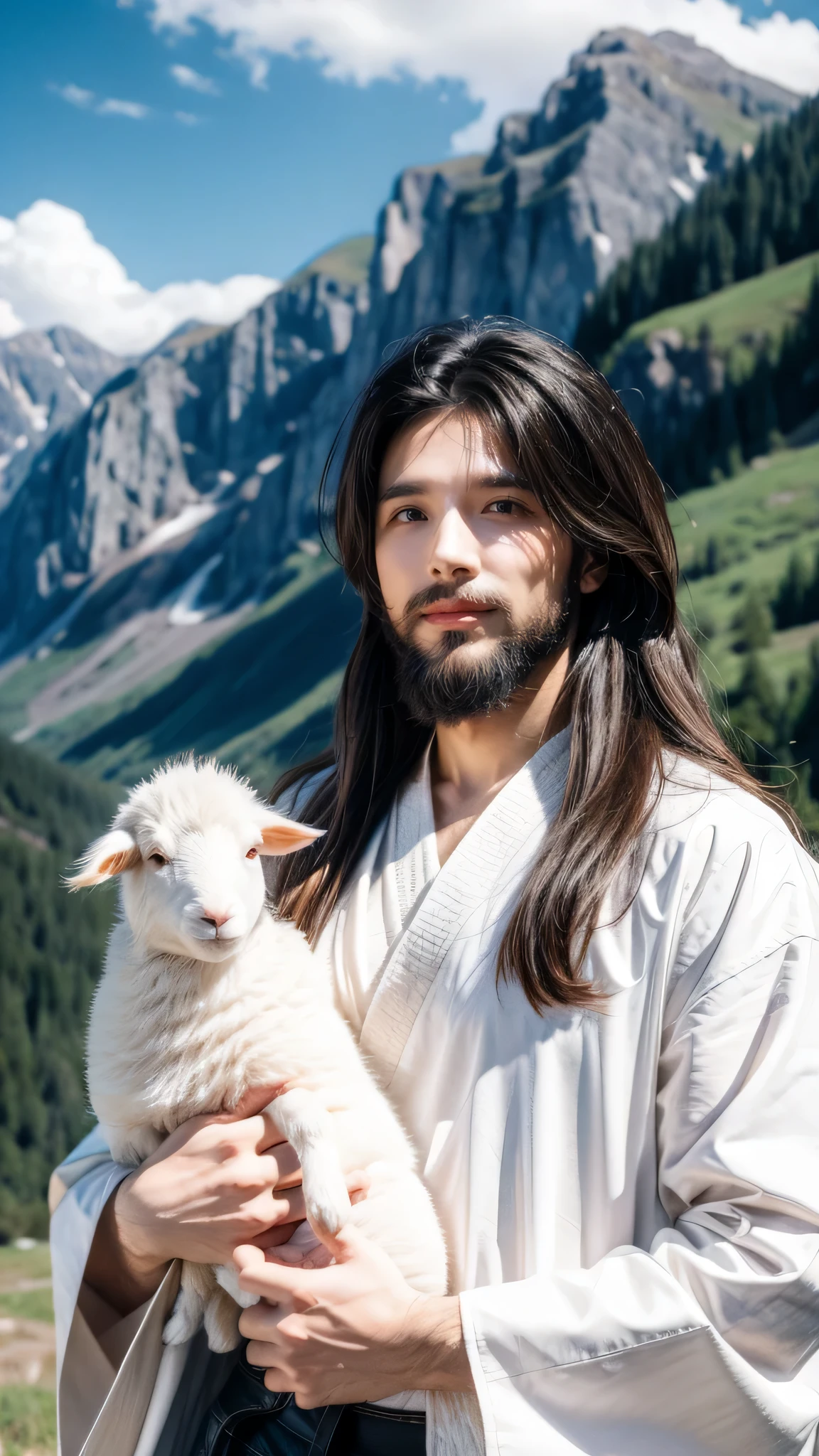 Jesus,portrait, Soft Light, A man with long brown hair and a beard, wearing white robe，Wearing a blue belt, Holding a lamb, Smile gently, Mountains and clouds in the background, 8k, painting