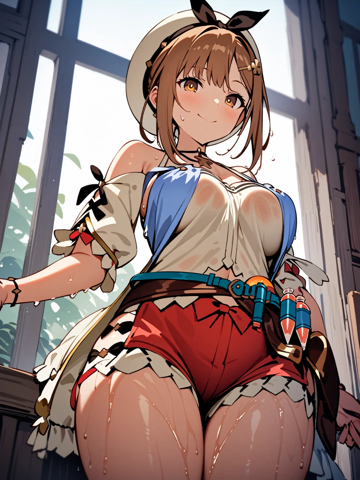 ((solo girl)),((Perfect body,))((Super beautiful,))((High quality,)), (sweaty,) (wet all over,) ,in bedroom,((Perfect body,))((Super beautiful,))((High quality,))breast,collar,nswf,cowboy shot,from below,Smile, 1girl, ((Reisalin Stout,Atelier Ryza,hat,hairbow))