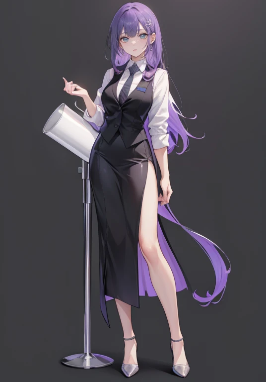 ((Perfect Face)),Purple Hair,voluminous long hair,1 female,bartender,suit,Black vest,Shirt with rolled up sleeves,tie,slit,High heels,,((Simple Background)),smile,((Full Body)),((full body)),Character portrait,VTuber,upright,,Both arms are down,Standing upright with face and body facing forward,