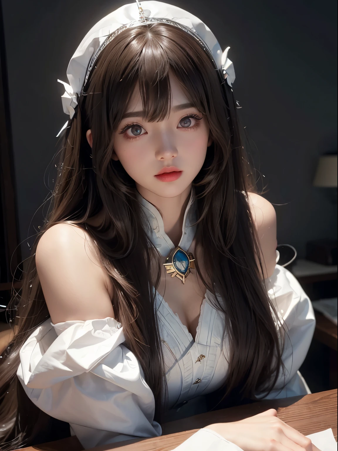 long brown hair、smooth straight hair、Big eyes with bangs and eyeliner.、Nordic youth、perfect shape、Plump breasts、chop、Very beautiful and lovely.、white muscles、Glowing skin、Young and beautiful skin、Perfect and beautiful little face、glossy makeup、Some pink lip gloss、girl、lipstick、Deceptive advertising、{steam}、Viewer's perspective、Atmosphere view of Primetime Lightokeh、film light details、complicated details、High resolution、 Detailed features of face design、Highly detailed、Clear focus、Smoothness、aesthetics、print、Octane Render、{{Masterpiece}}